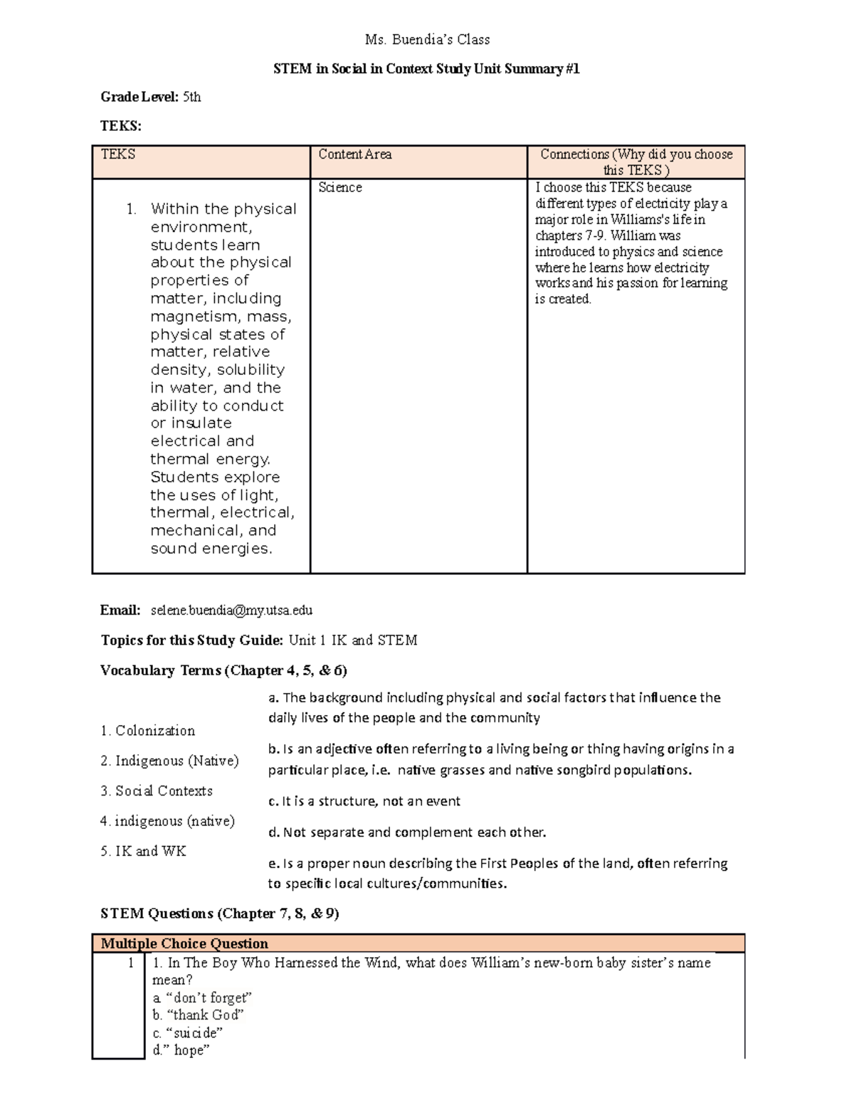 Unit Summary Assignment 1 Ms. Buendia’s Class STEM in Social in