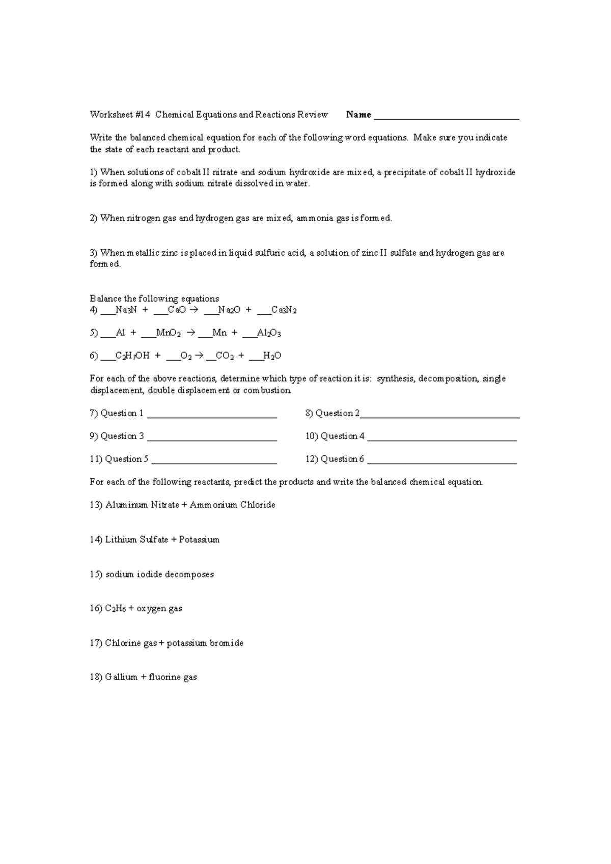 #14 Chem equations review - Worksheet #14 Chemical Equations and ...