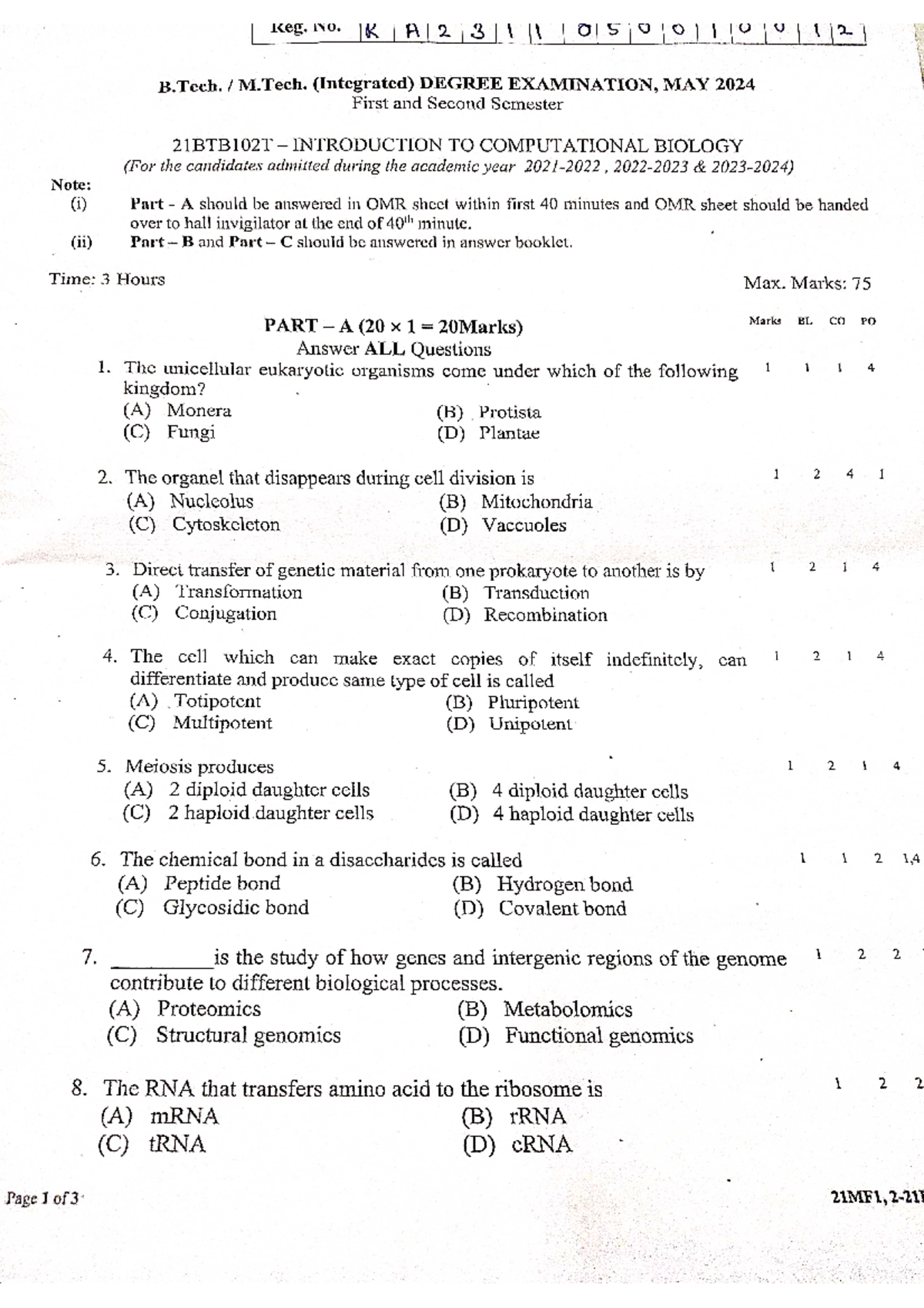 UT 1st year bio 23-24 - This is the question paper of UT 2023-24 of ...
