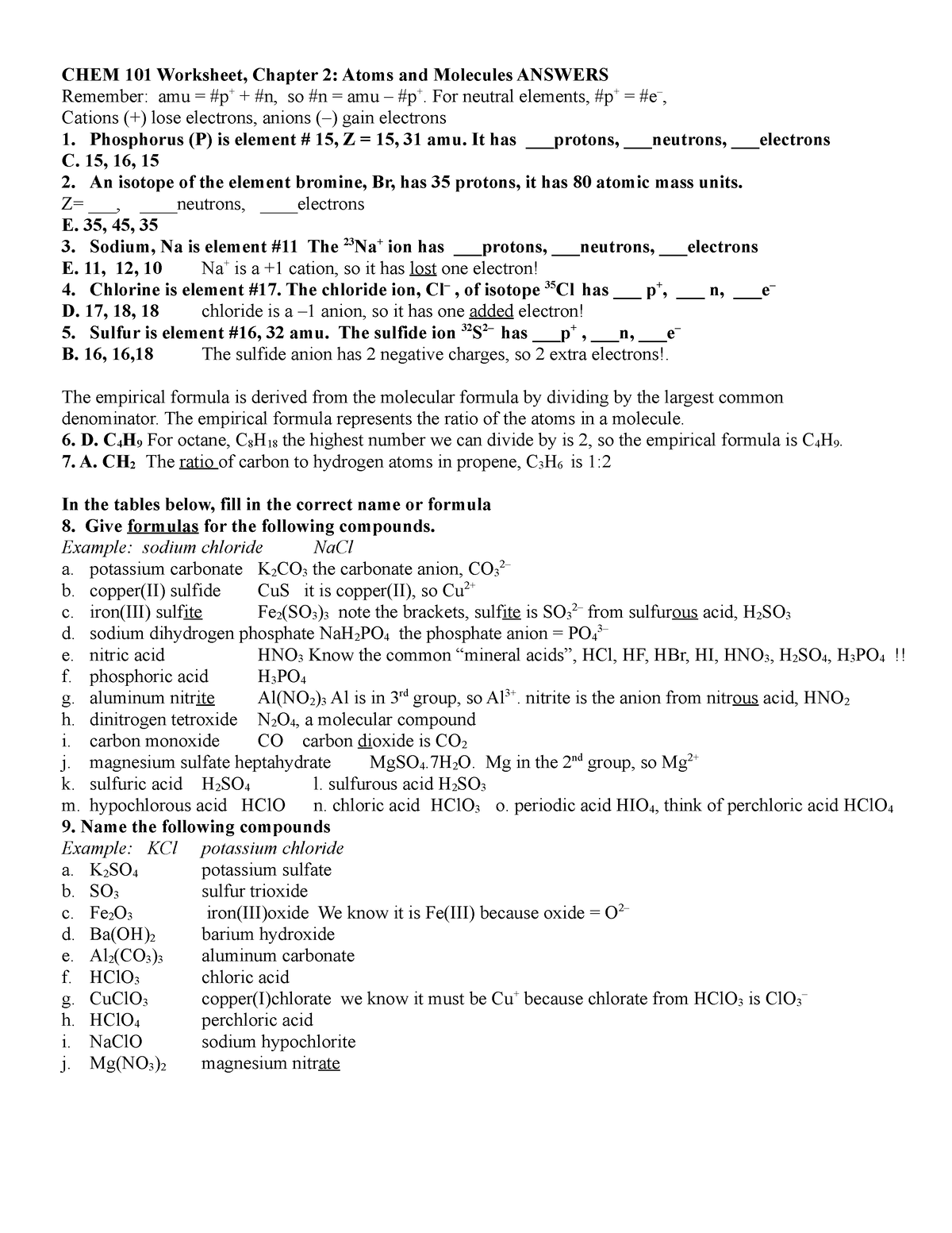 Worksheet Chapter 2 Answers - CHEM 101 Worksheet, Chapter 2: Atoms And ...