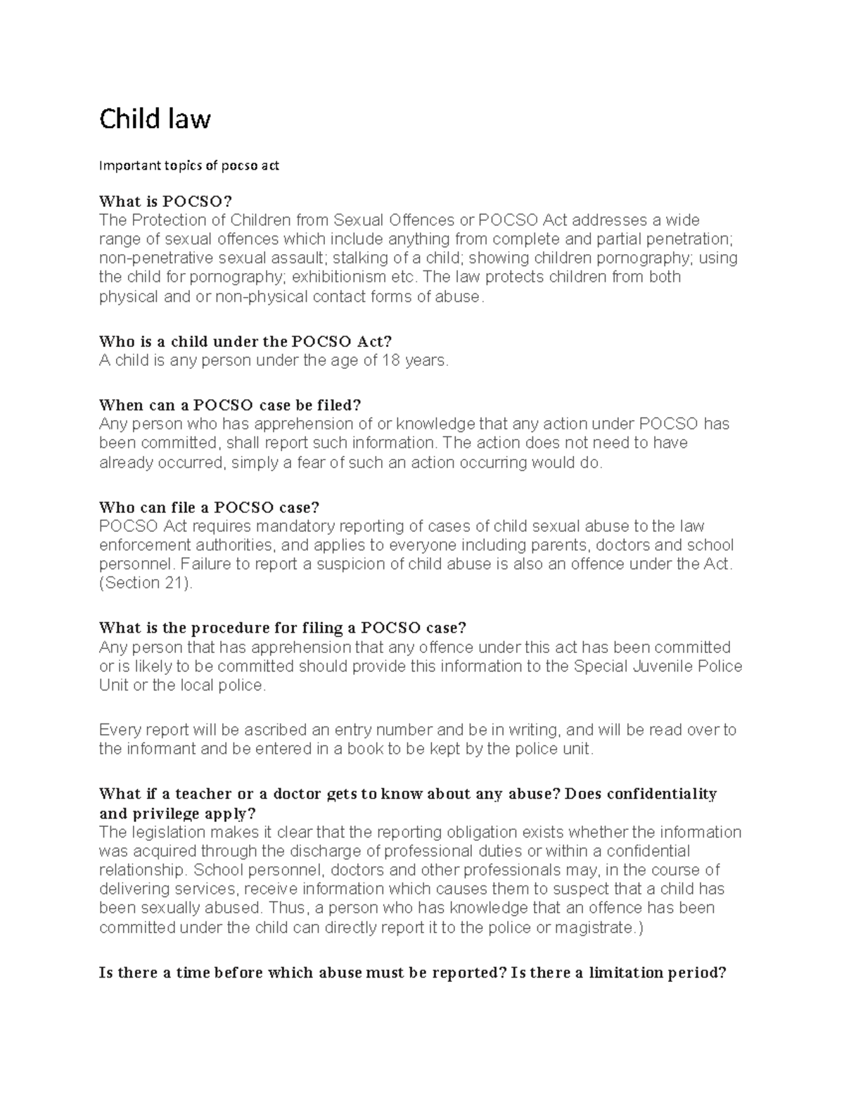 Child law Child law Important topics of pocso act What is POCSO? The