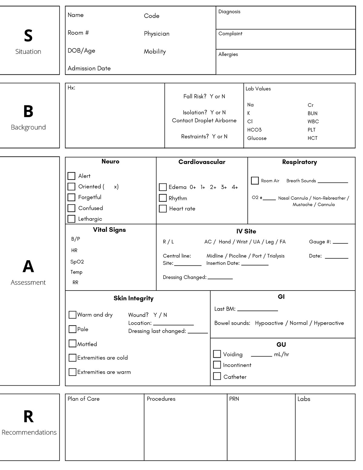 SBAR WorkSheet For Clinical - S Situation B Background A Assessment R ...