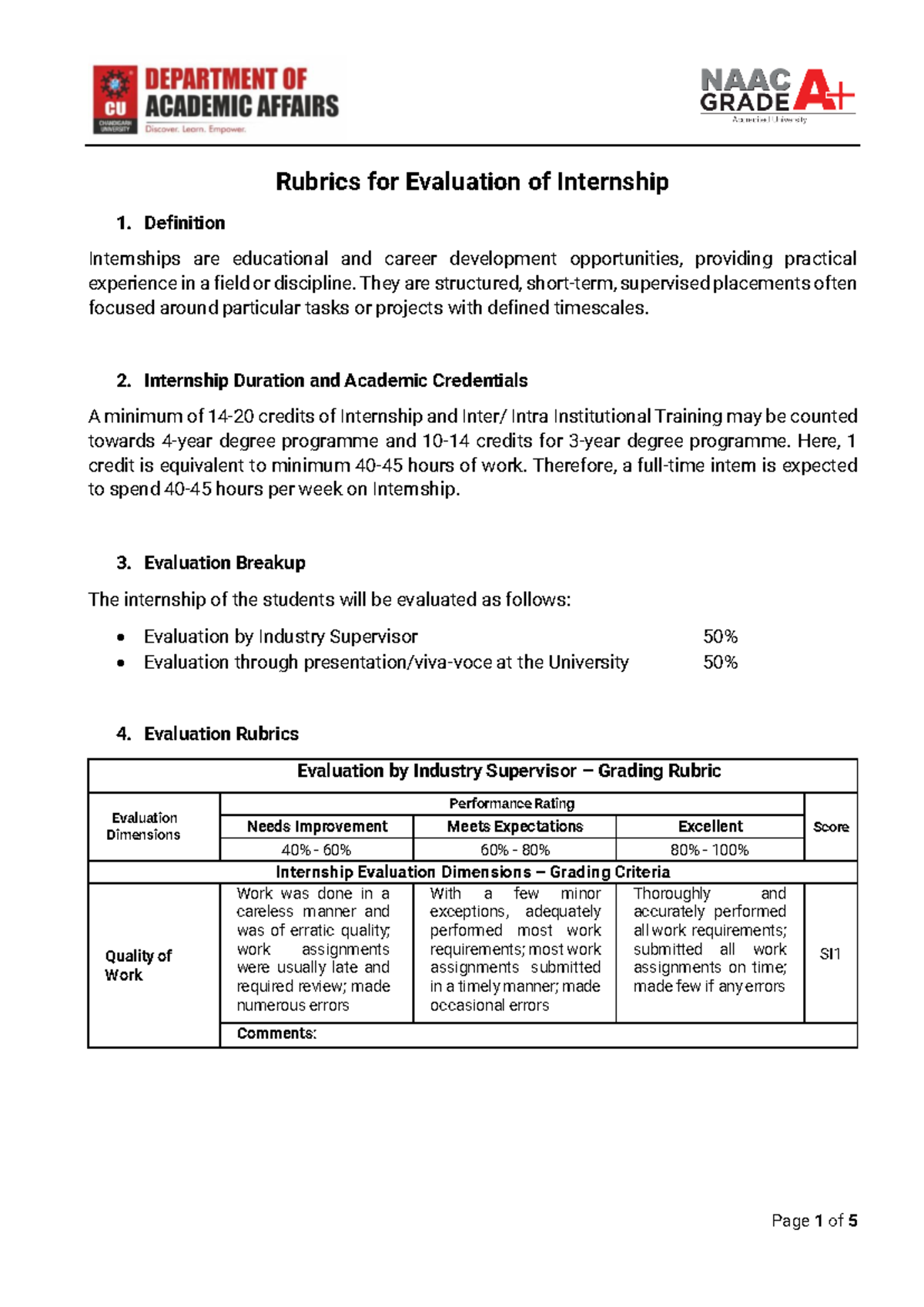 10 Internship Rubrics v1 - Rubrics for Evaluation of Internship 1 ...