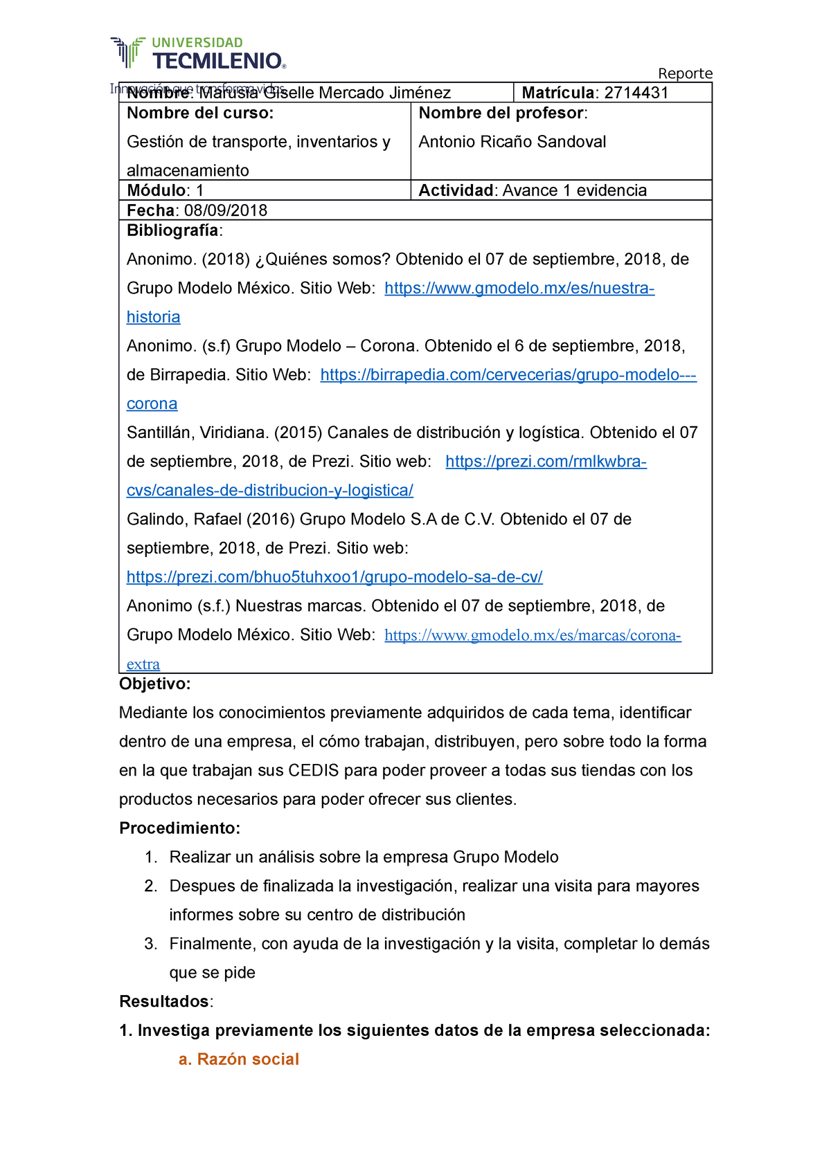 Evidencia 1-Gestion de transportes. docx - Nombre: Marusia Giselle Mercado  Jiménez Matrícula: - Studocu