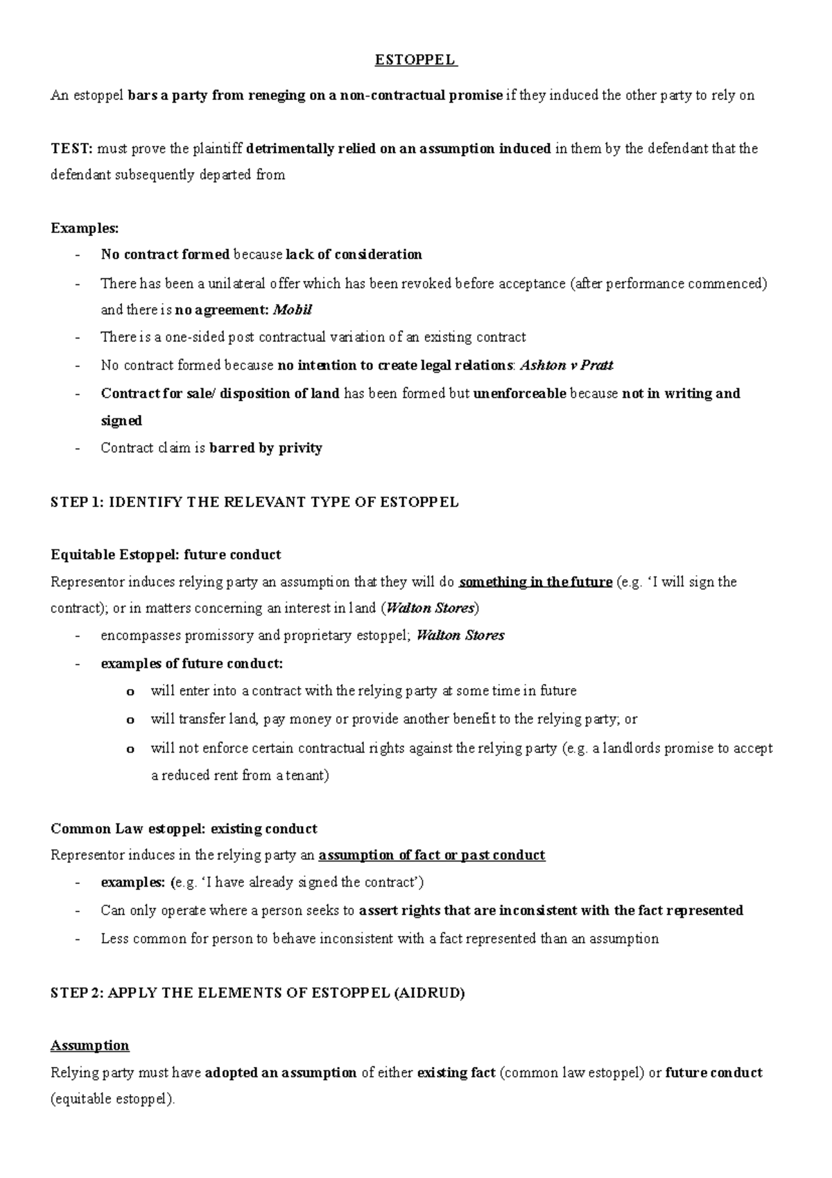 Estoppel exam notes - Template for Contract A problem questions -= use ...