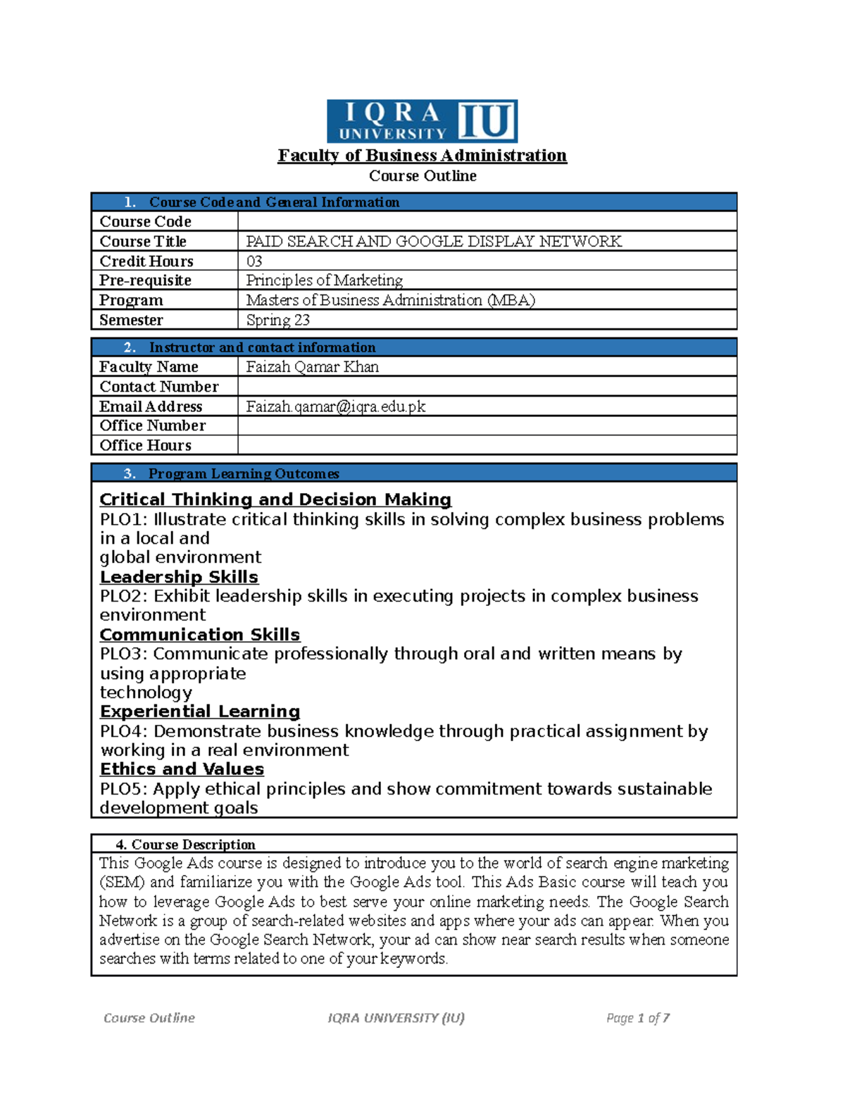 MBA - Spaid Search AND Google Display Network Course Outline - Faculty ...