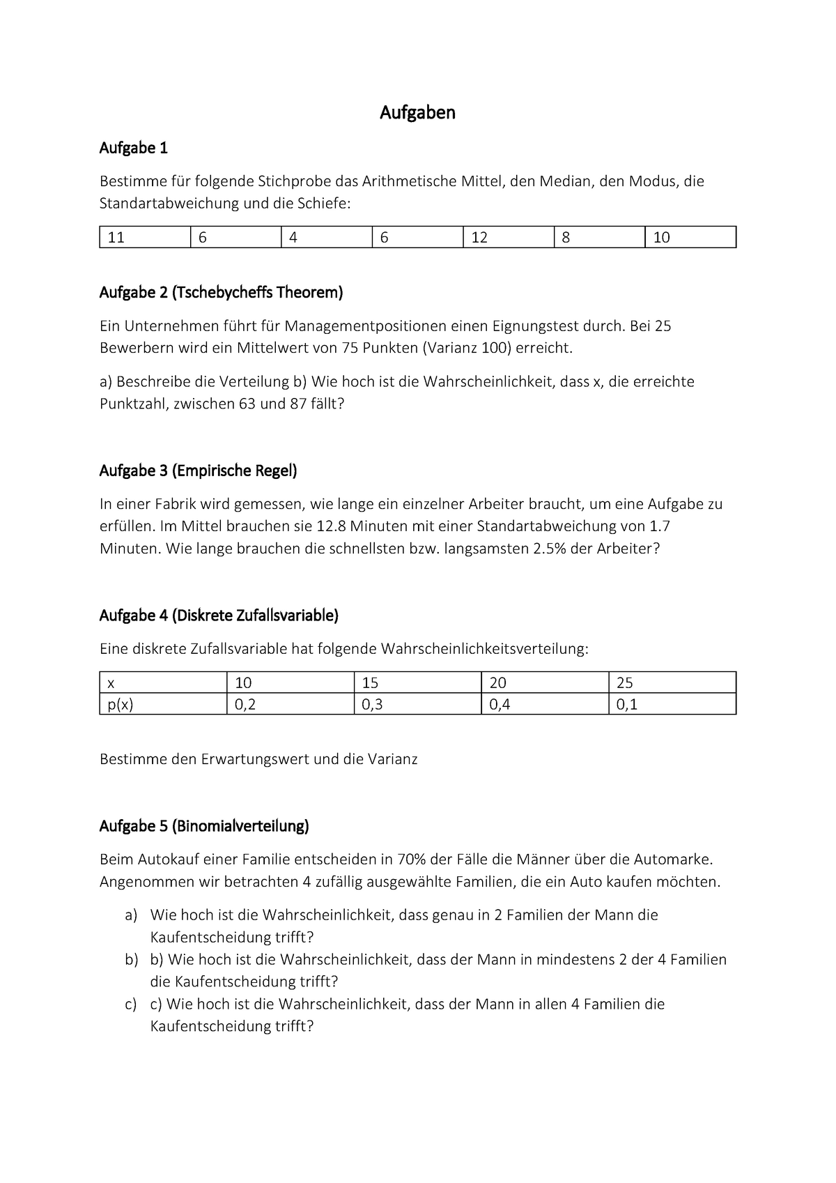 Uebungsaufgaben - Einführung In Die Statistik Übungsaufgaben - Aufgaben ...