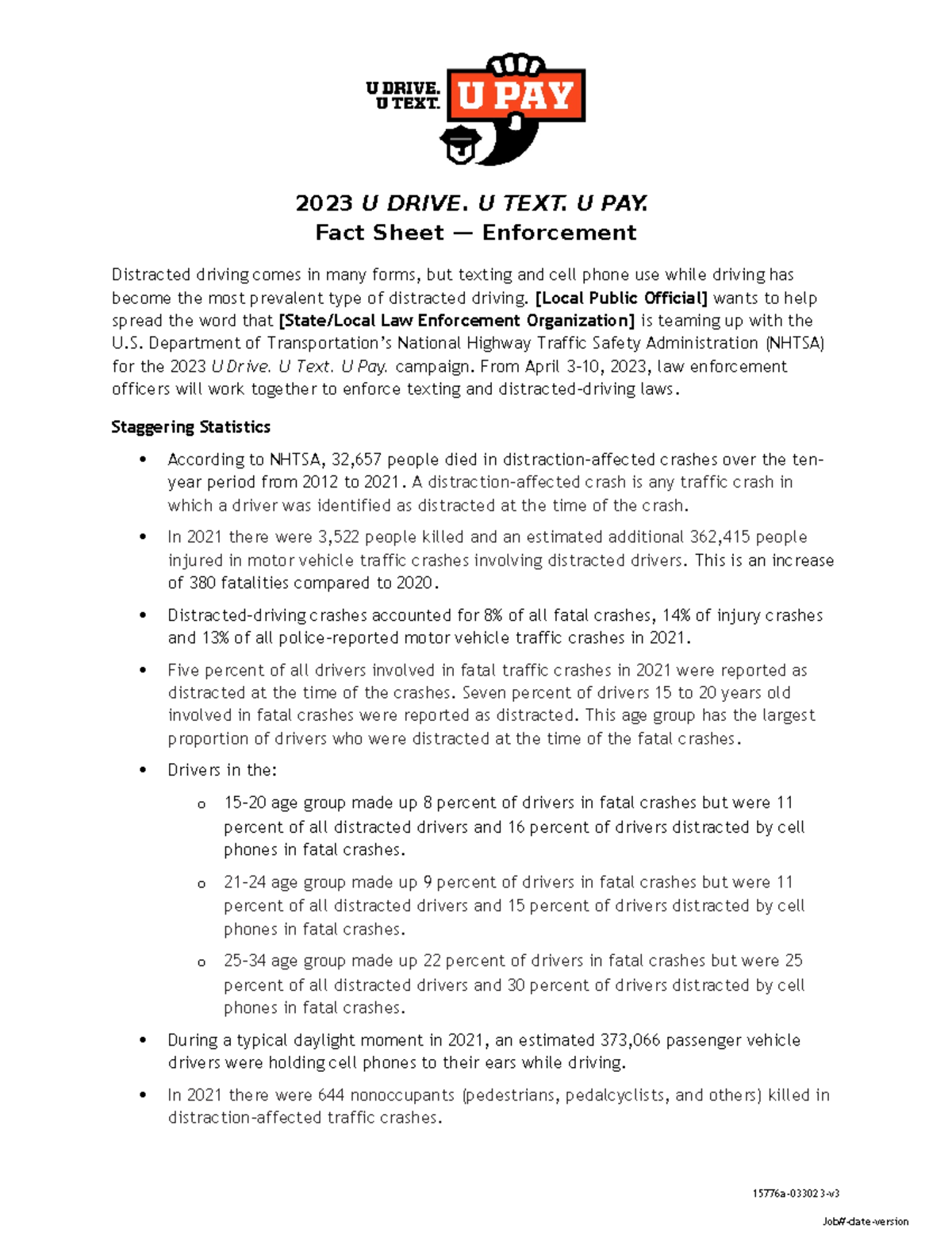 DistractionFact Sheet 033023 v3tag 2023 U DRIVE. U TEXT. U PAY