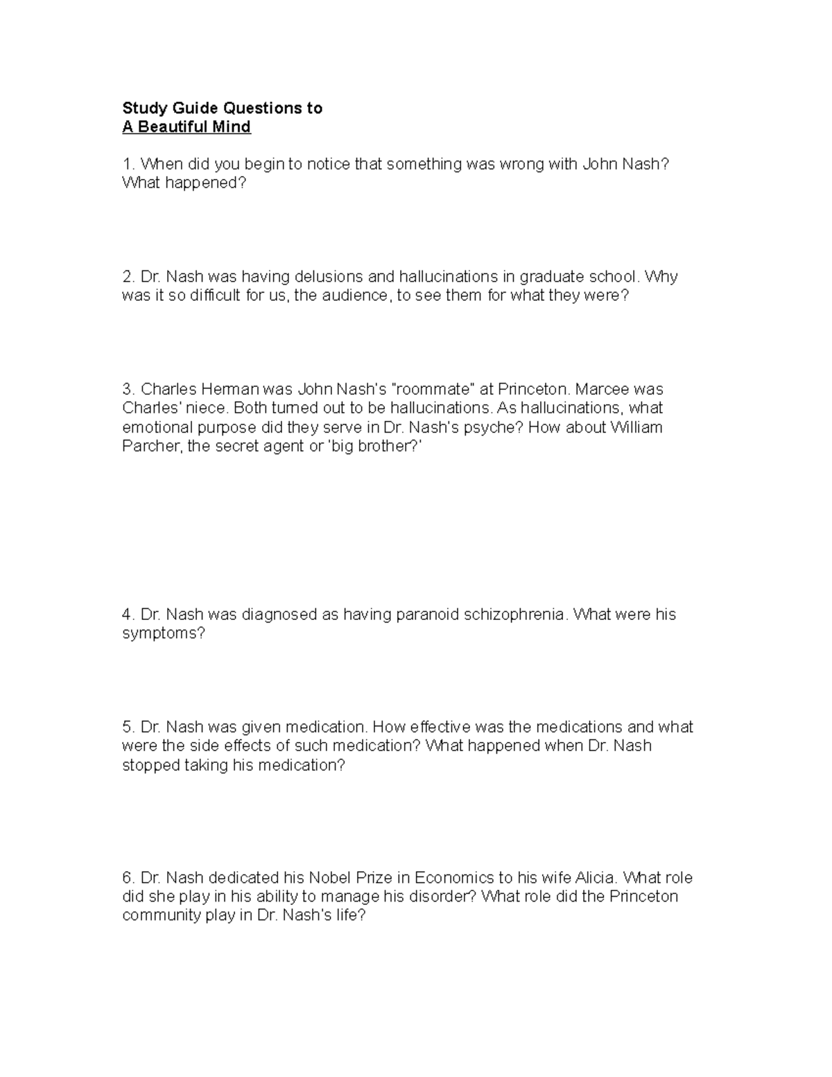 maybe assignment - Study Guide Questions to A Beautiful Mind When did ...