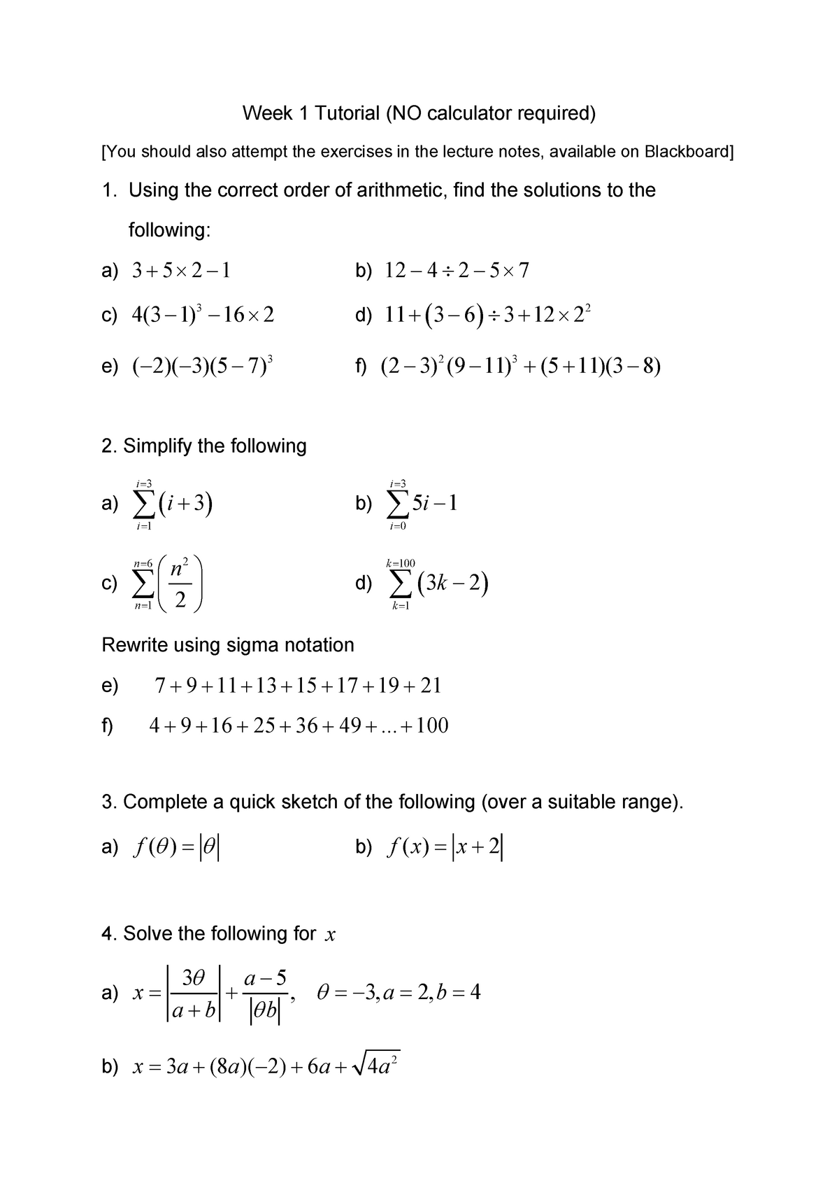 Week 1 Tutorial(1)(1) - Tutorial - Week 1 Tutorial (NO calculator ...