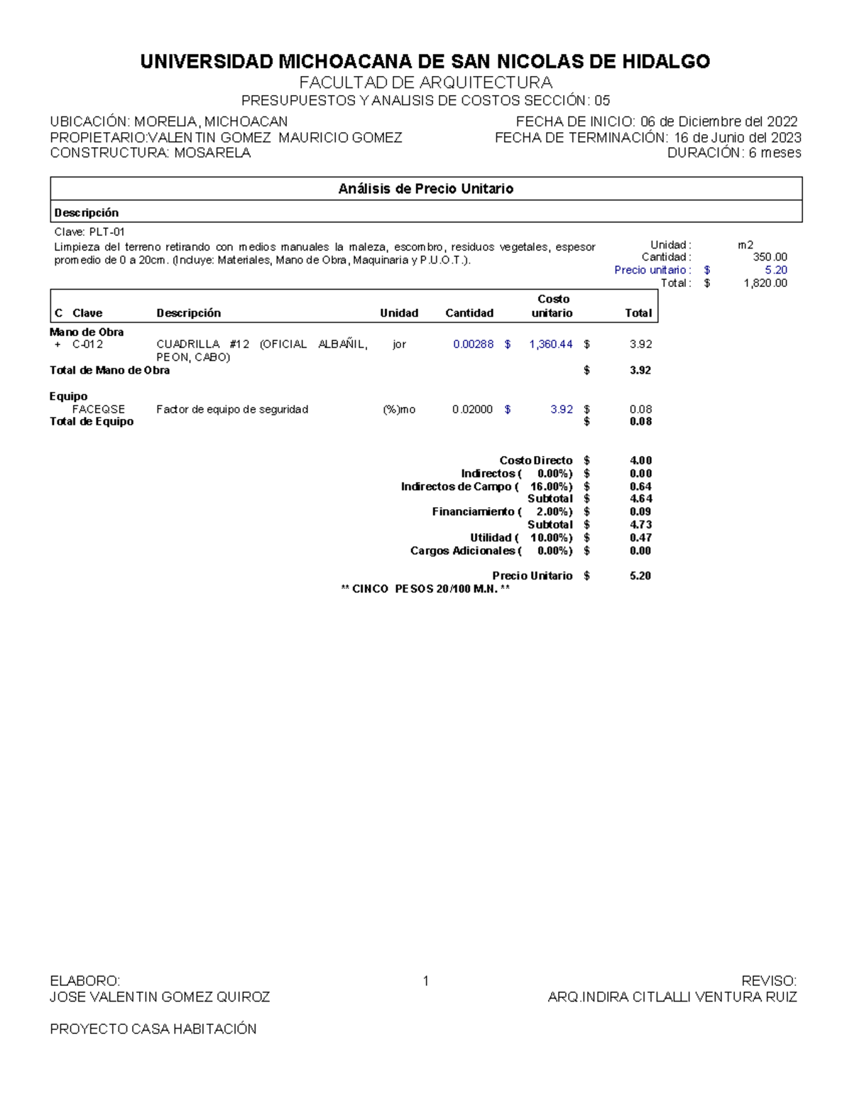 Analisis DE Precios Unitarios UBICACIÓN MORELIA, MICHOACAN PROPIETARIOVALENTIN GOMEZ