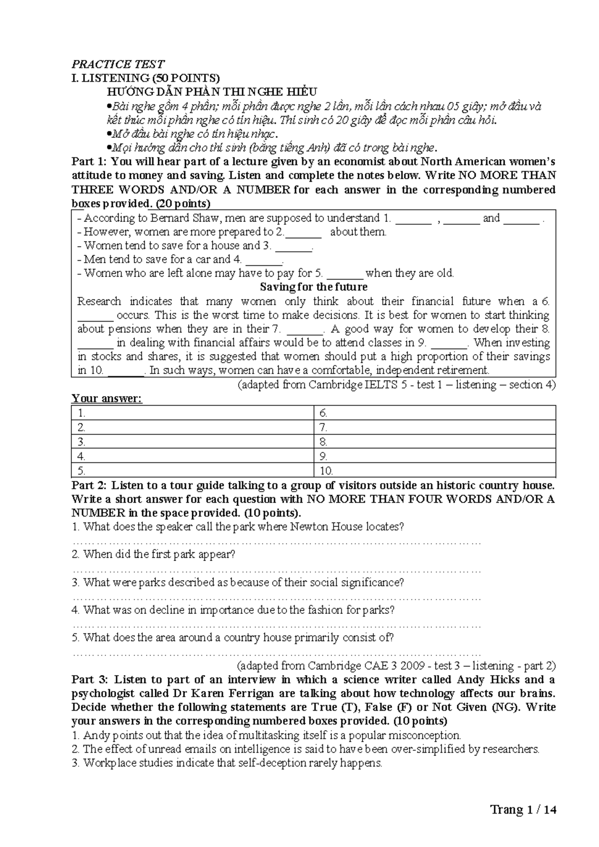 Practice TEST - Preparation for NEC - PRACTICE TEST I. LISTENING (50 ...