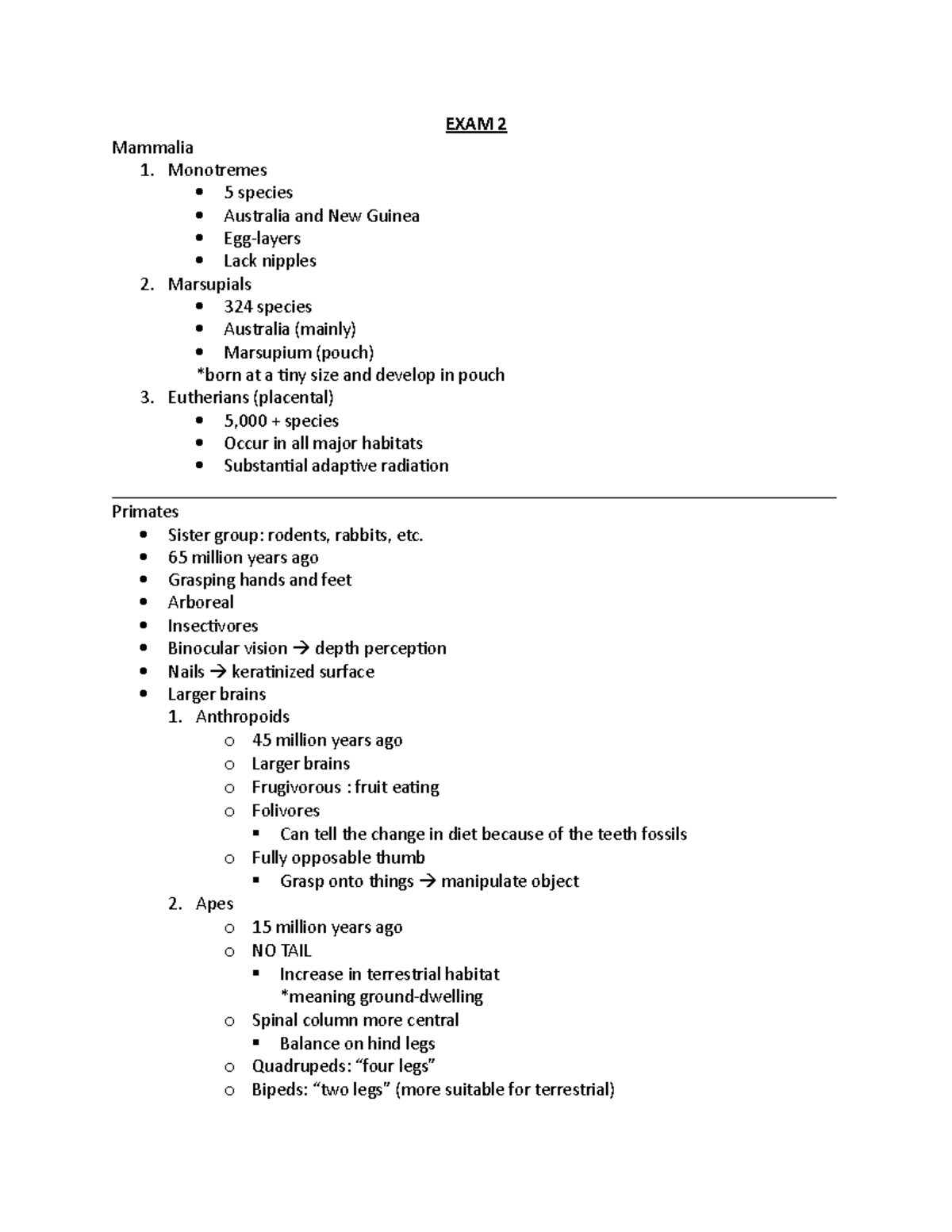 BIO 205 Notes FOR EXAM 2 - EXAM 2 Mammalia 1. Monotremes 5 species ...