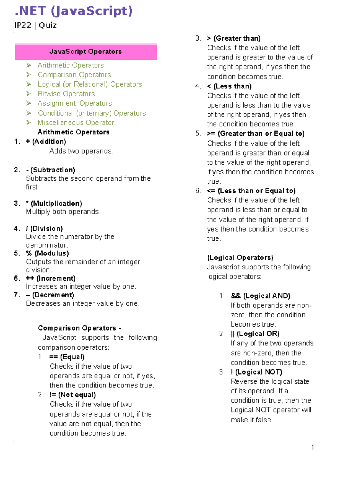 NET QUIZ Notes - .NET (JavaScript) IP22 | Quiz JavaScript Operators ...