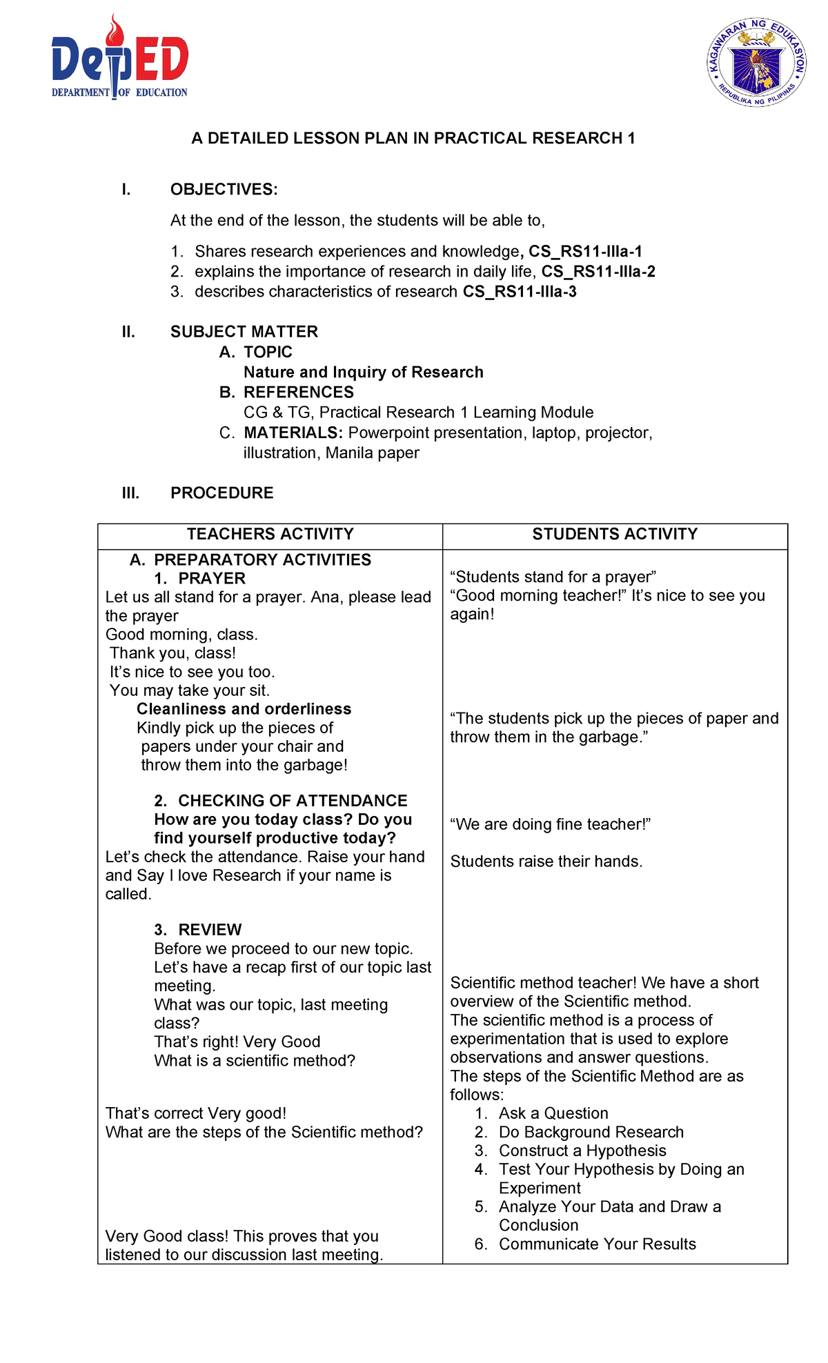 lesson plan in practical research 1 deped tambayan