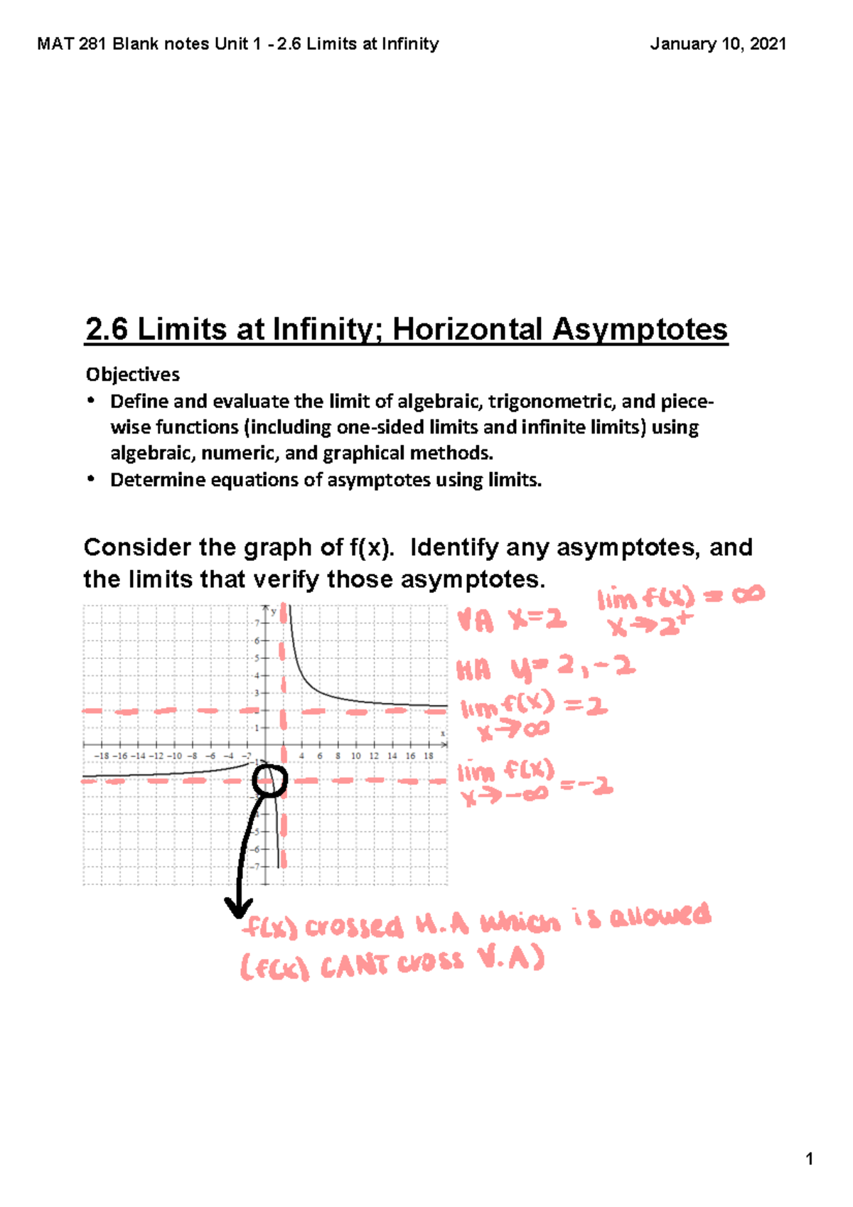 2.6 Limits at Infinity - MAT 281 Blank notes Unit 1 ­ 2 Limits at ...
