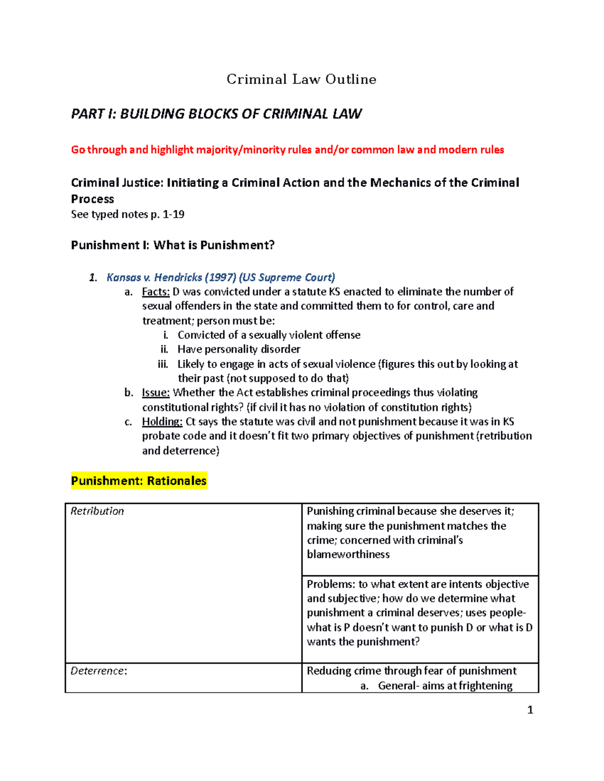 Criminal Law Outline - Criminal Law Outline PART I: BUILDING BLOCKS OF ...