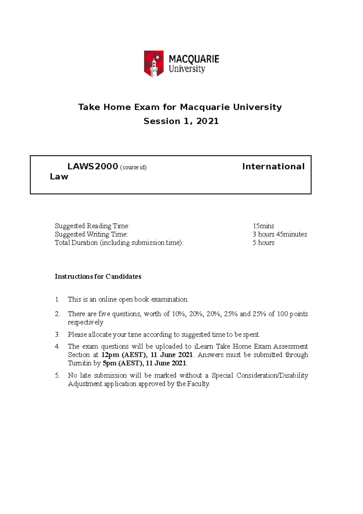 Final Exams LAWS2000 International Law 2021 S1 - LAWS2000 - MQ - Studocu