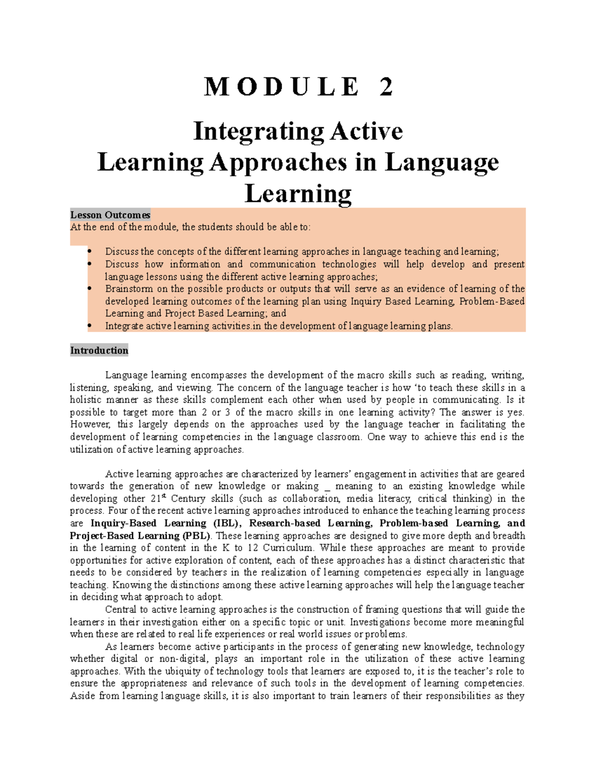 Technology For Teaching And Learning M O D U L E 2 Integrating Active Learning Approaches In 2899