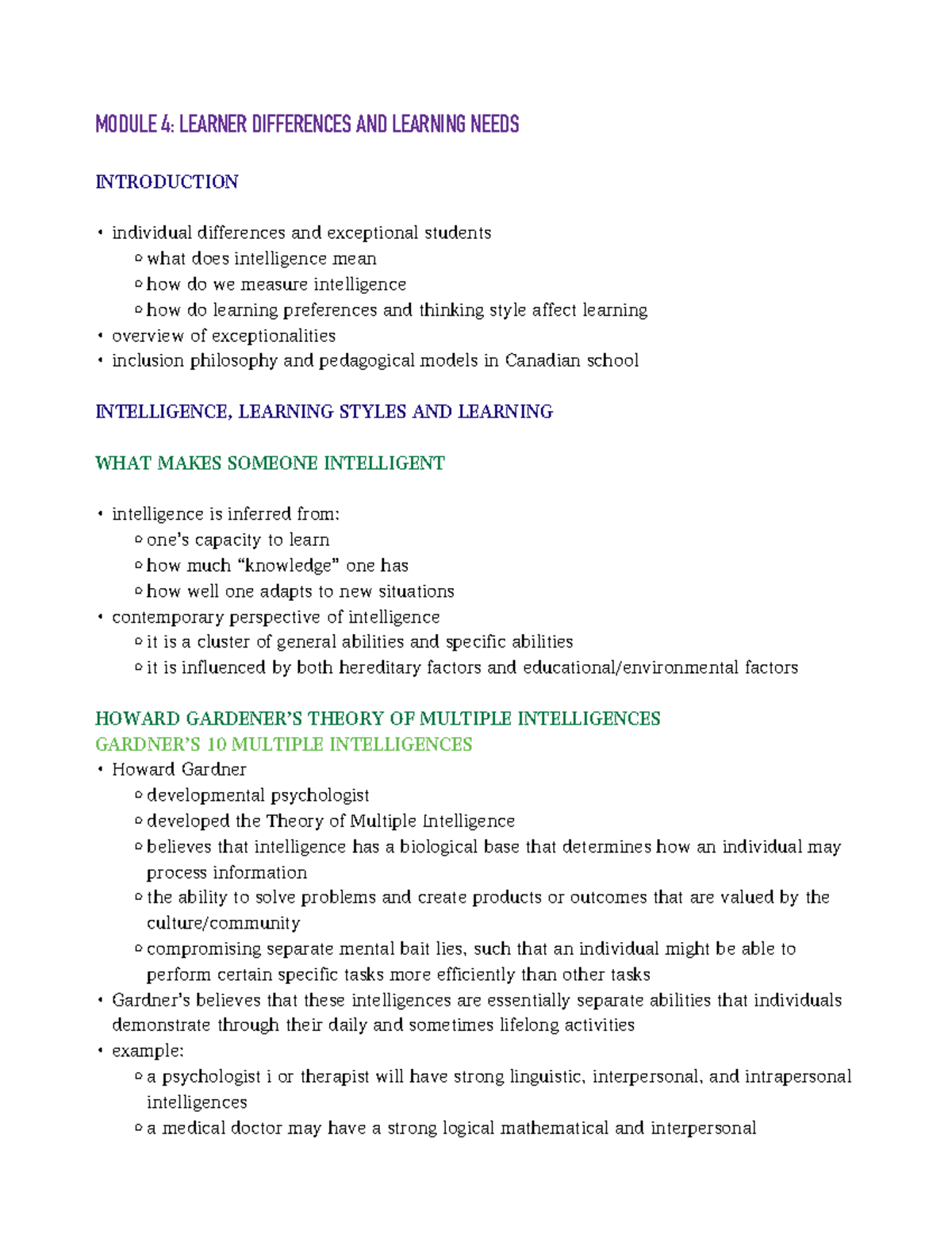 Module 4 - notes - EDUC 210 - MODULE 4: LEARNER DIFFERENCES AND ...