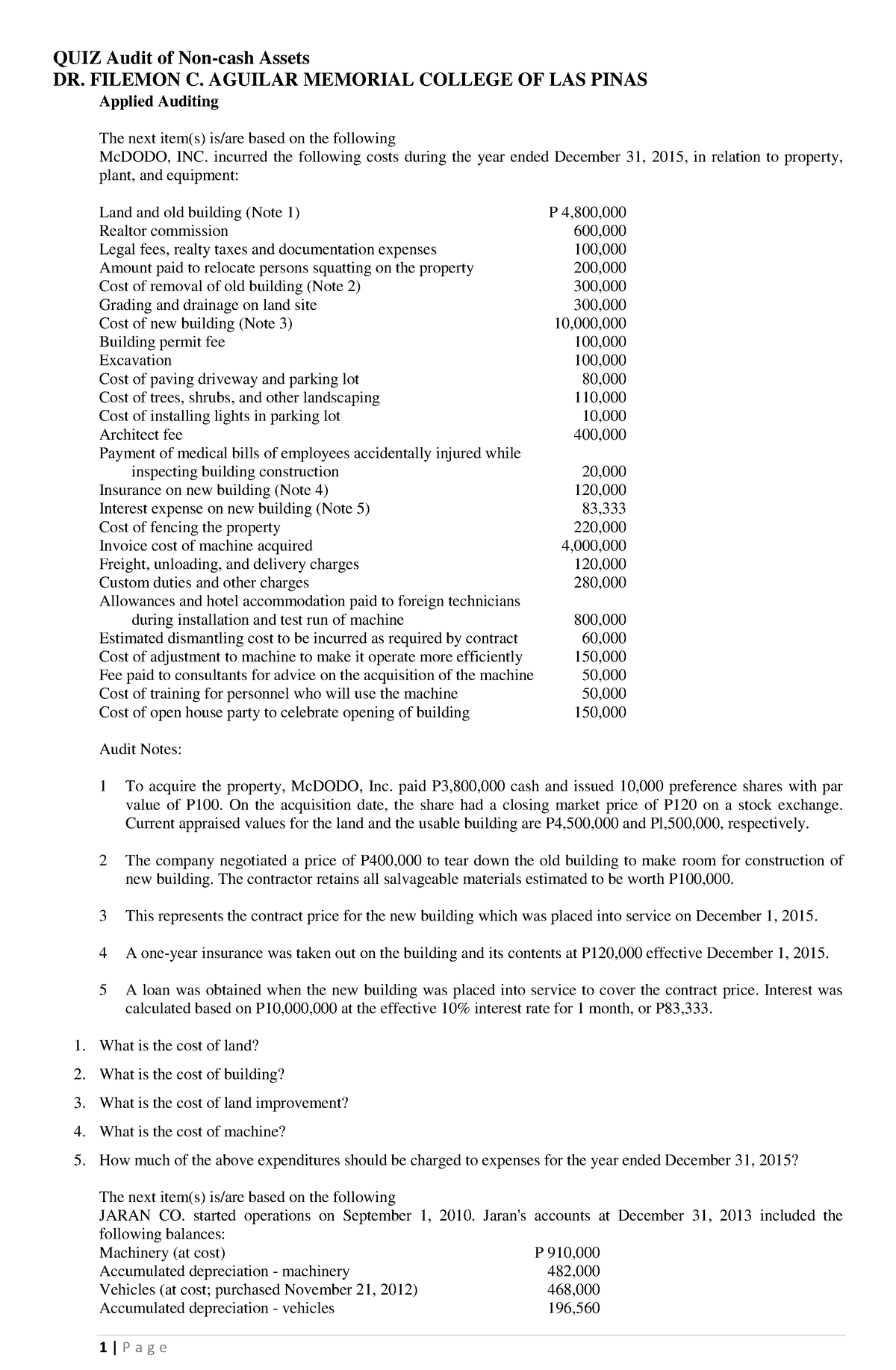 Pdfcoffee - lecture - QUIZ Audit of Non-cash Assets DR. FILEMON C ...