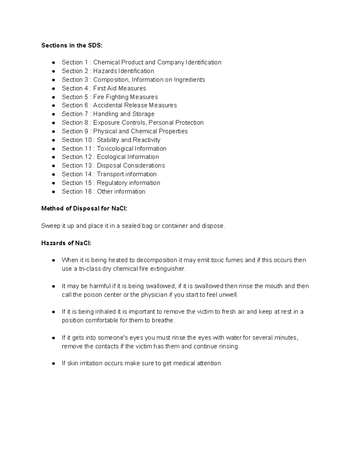 Chem 1412 safety and laboratory - Sections in the SDS: Section 1 ...