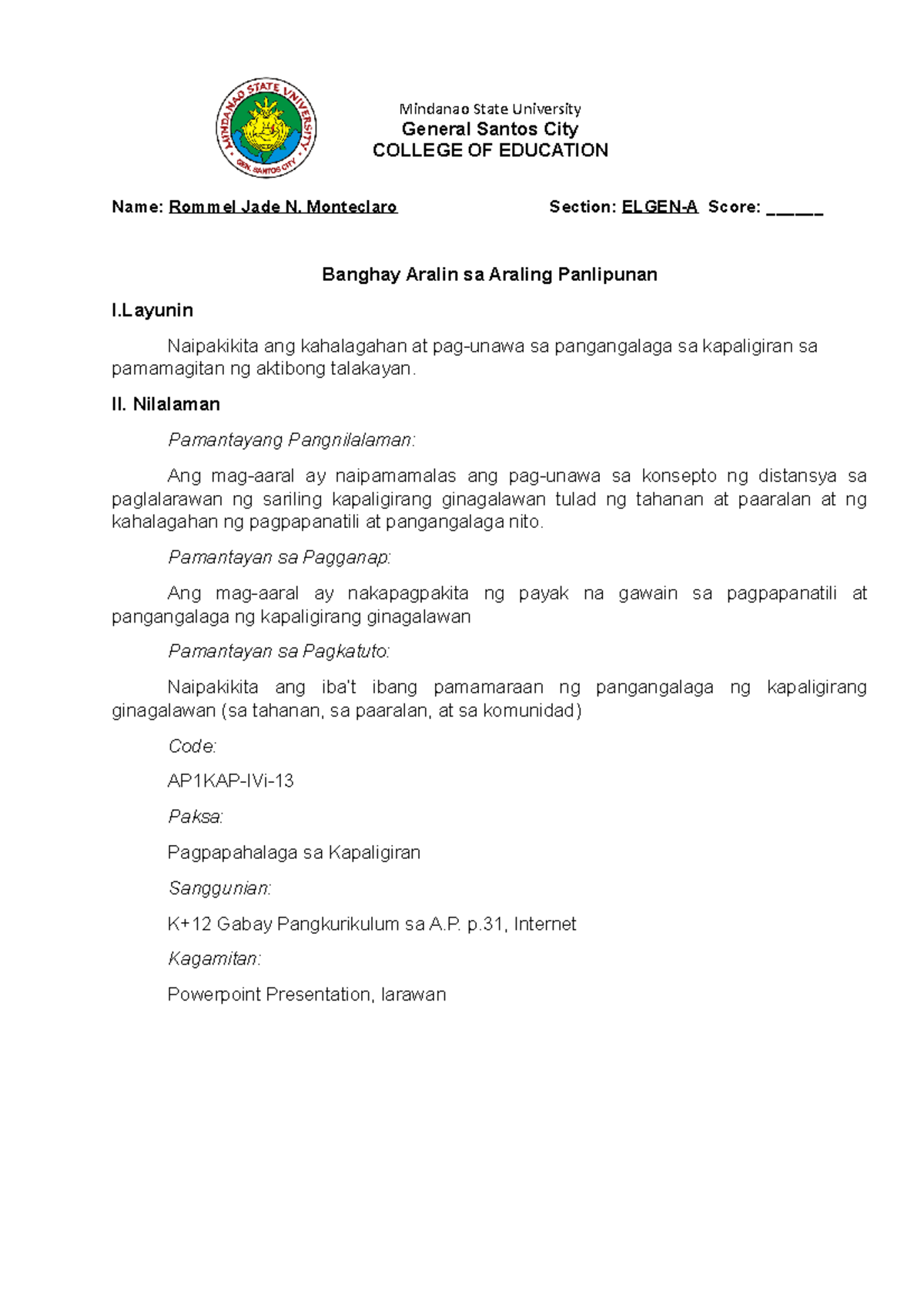 AP I Banghay Aralin Monteclaro - Mindanao State University General ...