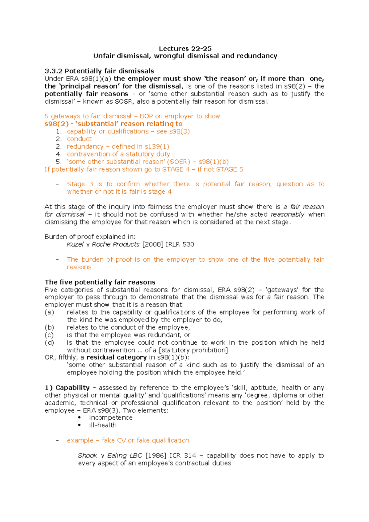Lectures 22-25 Part 2 - Unfair, Wrongful Dismissal and Redundancy ...