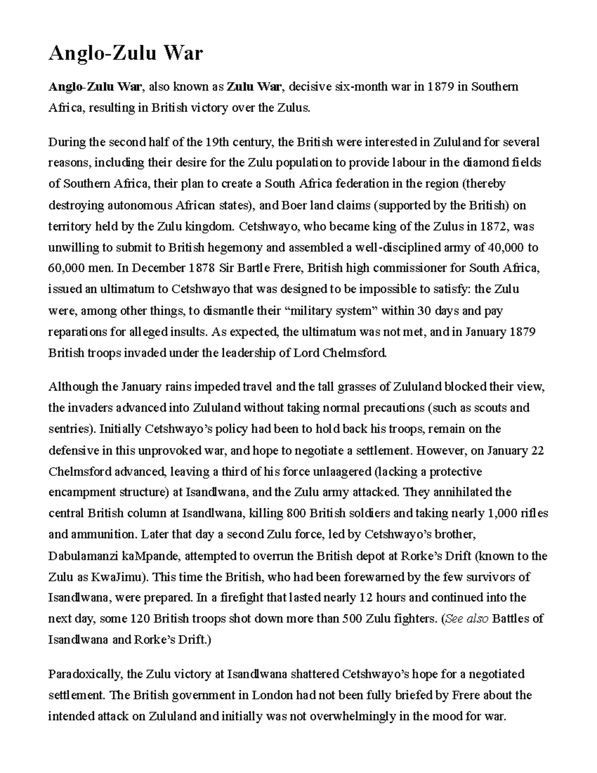 AngloZulu War Britannica Online Encyclopedia AngloZulu War Anglo