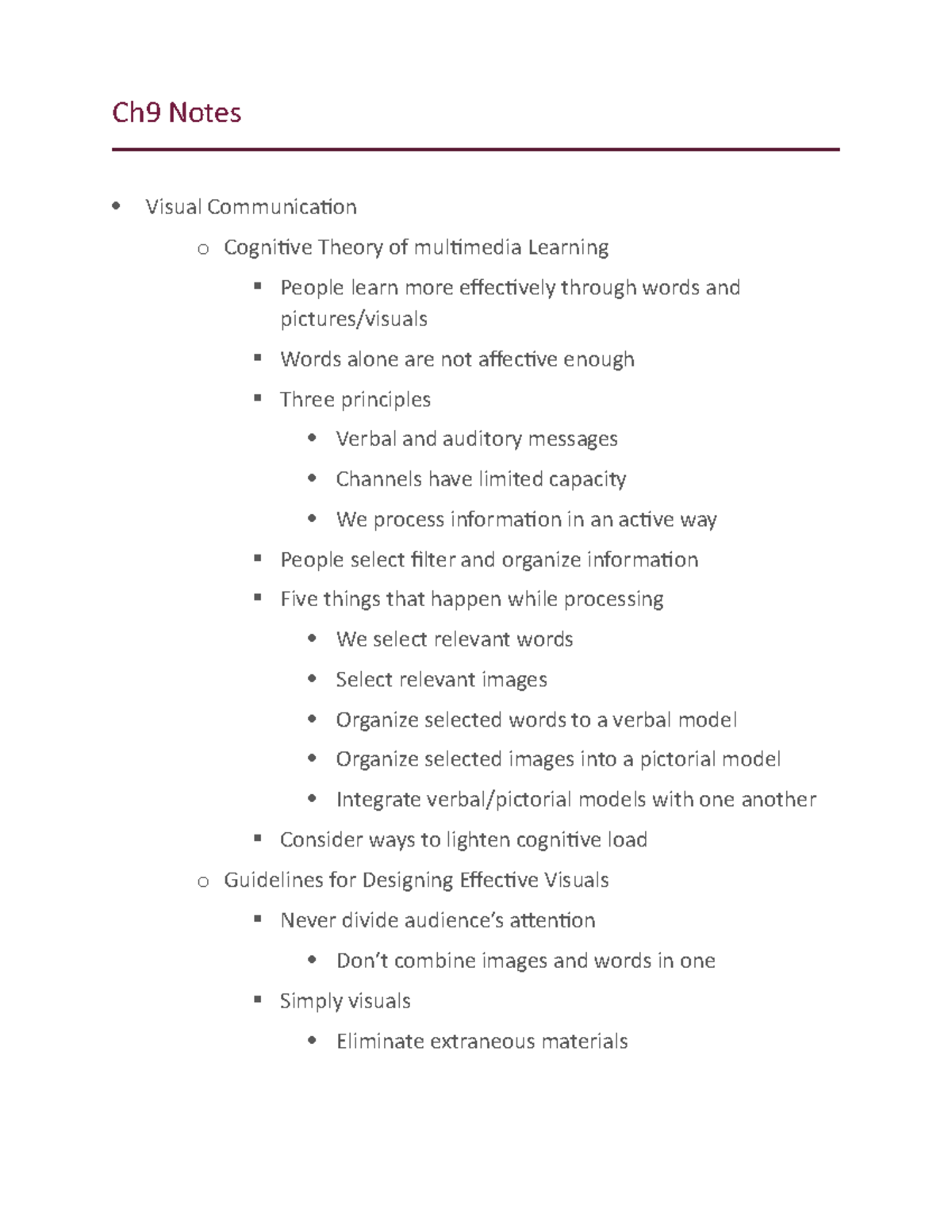 Chapter 9 Notes - Ch9 Notes Visual Communication o Cognitive Theory of ...
