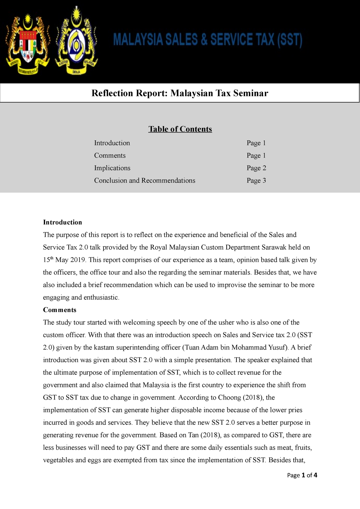 Tax Relection report - group assignment for taxation - FIN30014 