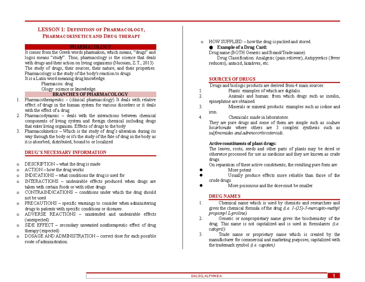 Pharmacology Notes Instructor Mrs. Palomares LESSON 1 DEFINITION