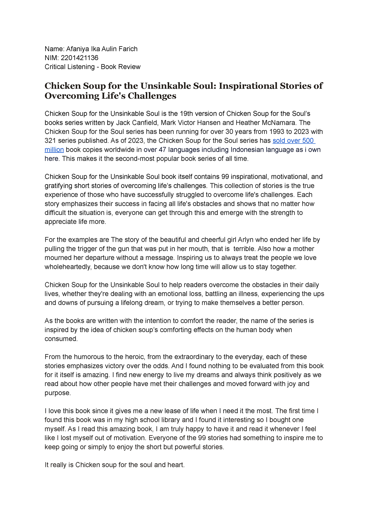 Book Review "Chicken Soup for the Unsinkable Souls" The Chicken Soup