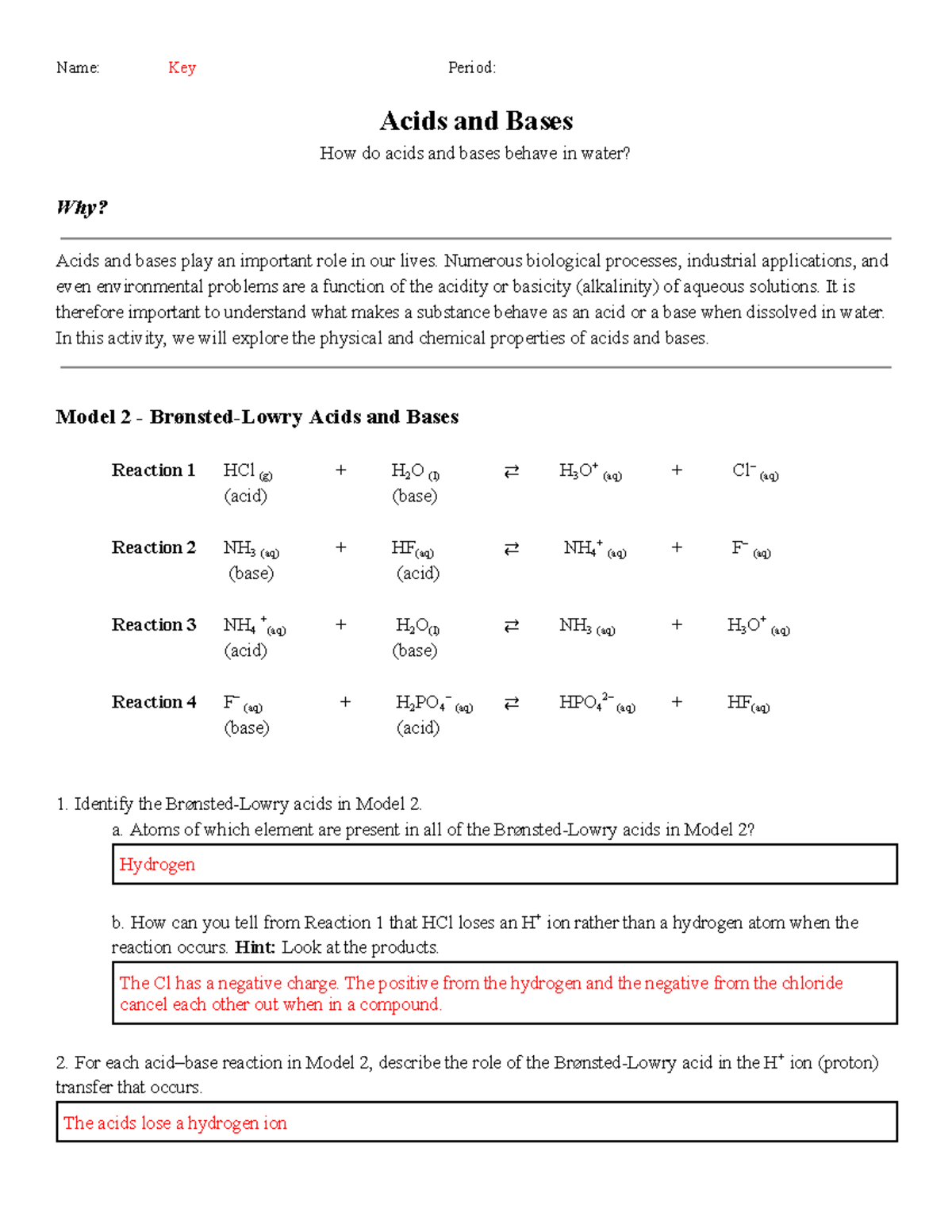 Key Acid Base Part III BronstedLowry Pogil Google Docs Name