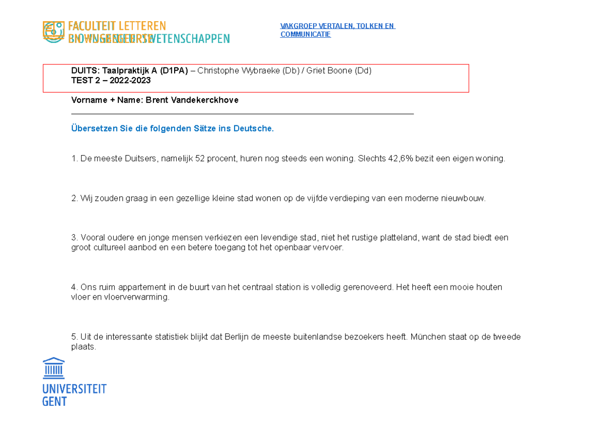 Test D1PA-D1SA 2022-2023 Woche 10 - DUITS: Taalpraktijk A (D1PA