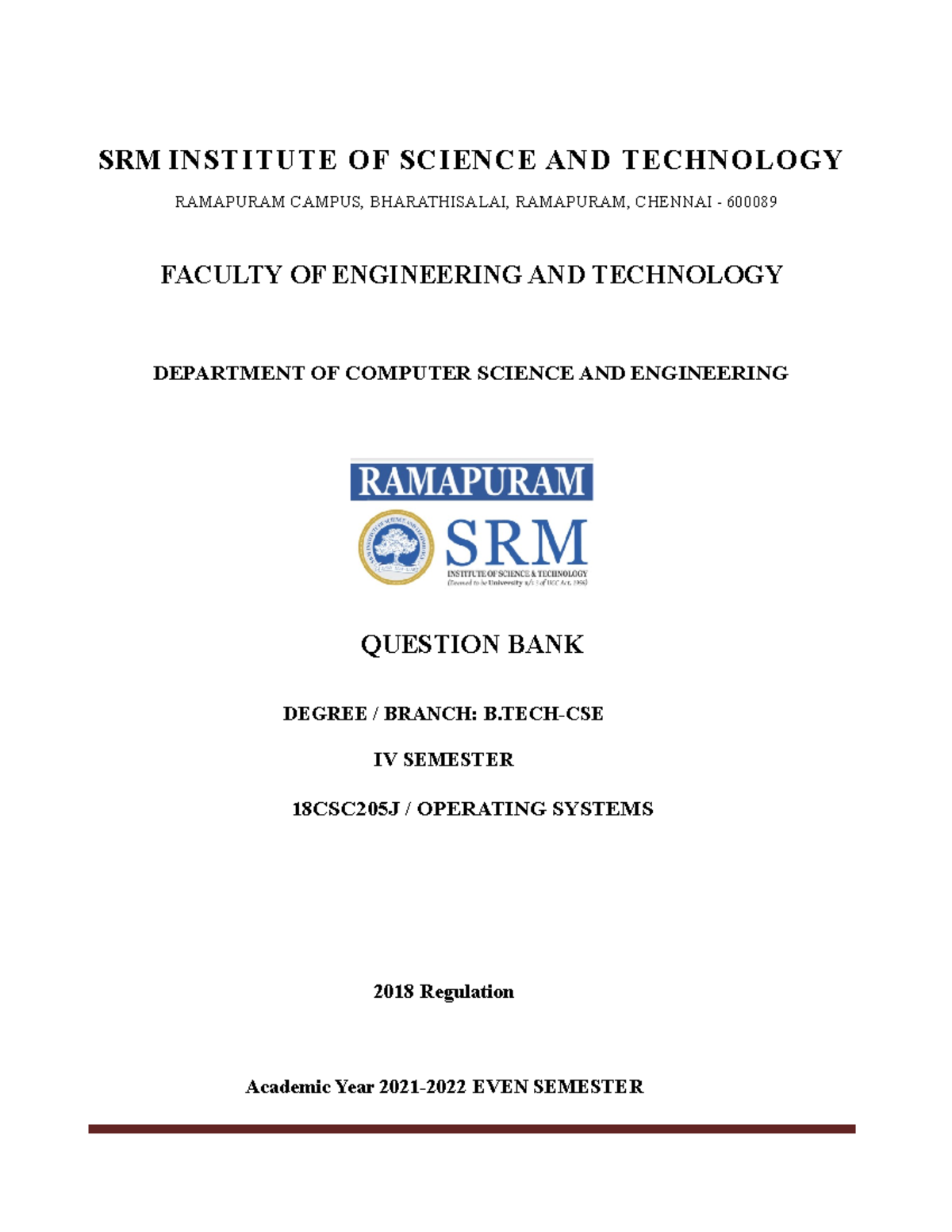 18CSC205J Operating Systems Question BANK Without PART A Updated - SRM ...