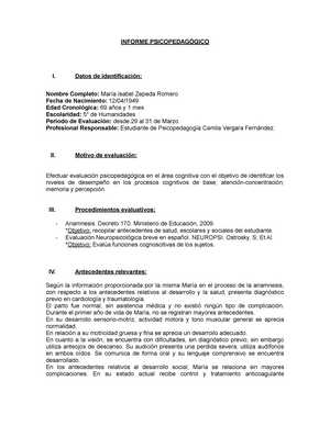 Informe Psicopedagógico Procesos COG. PAO 1 - INFORME PSICOPEDAGÓGICO I.  Datos de identificación: - Studocu