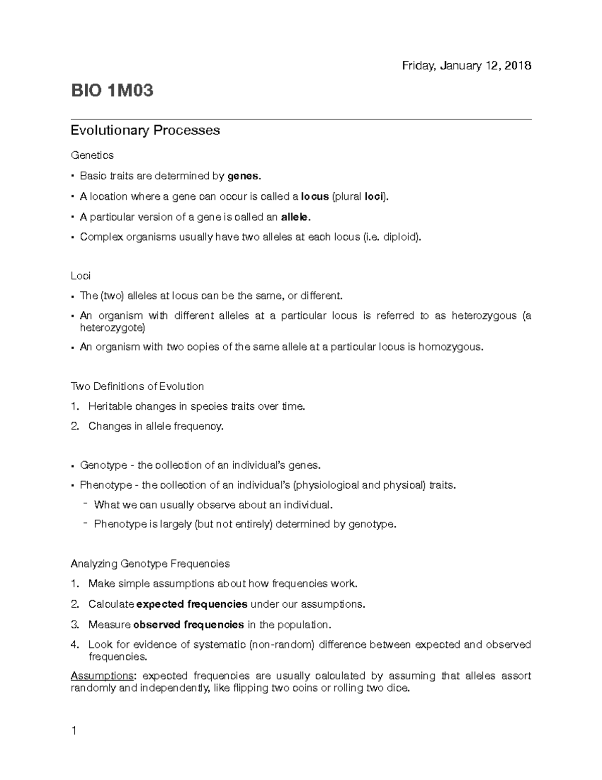 BIO 1M03 - Evolutionary Processes - BIO 1M Evolutionary Processes ...