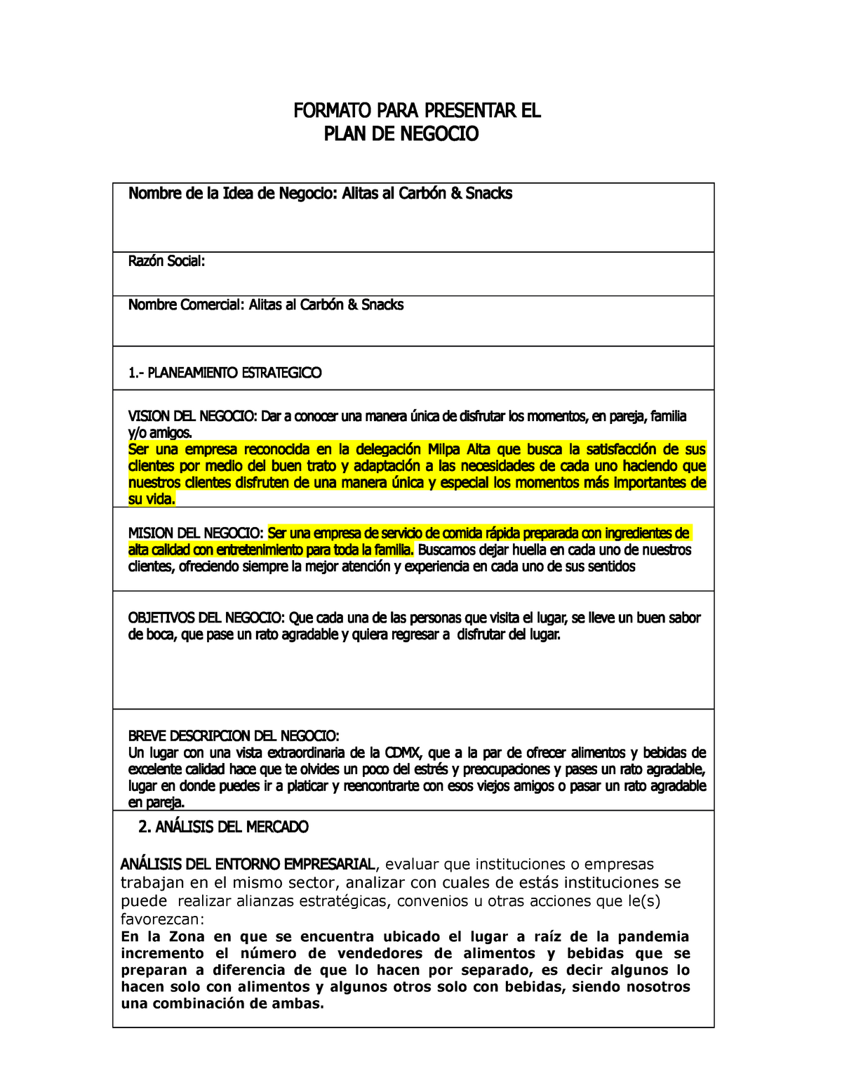 Formato Para Presentar El Plan De Negocio Ejemplo Kulturaupice