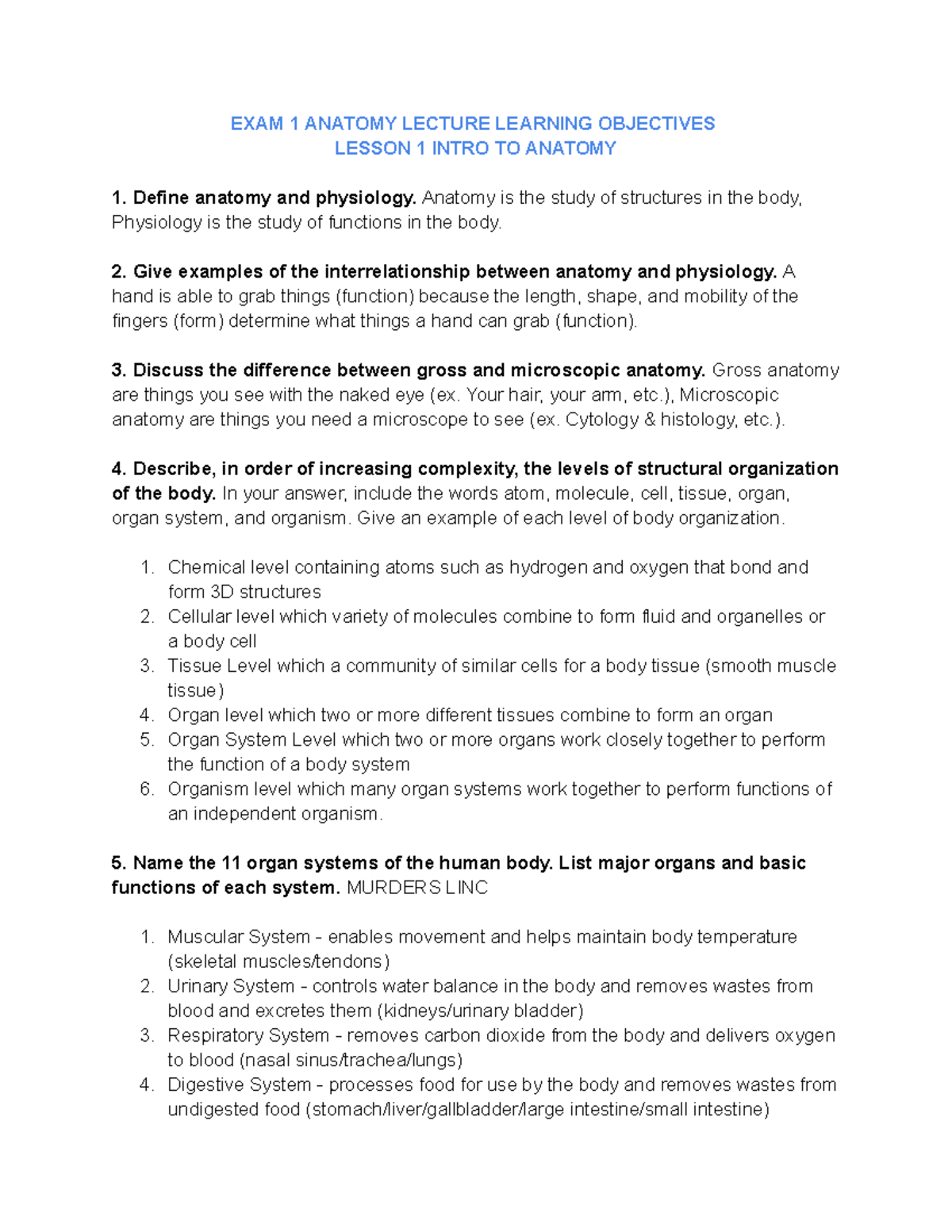 EXAM 1 Anatomy Lecture Learning Objectives - EXAM 1 ANATOMY LECTURE ...