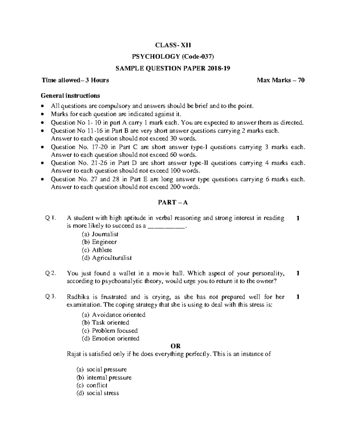 Cbse 12th Psychology 2019 Sqp Class Xii Psychology Code 037 Sample Question Paper 2018 1319