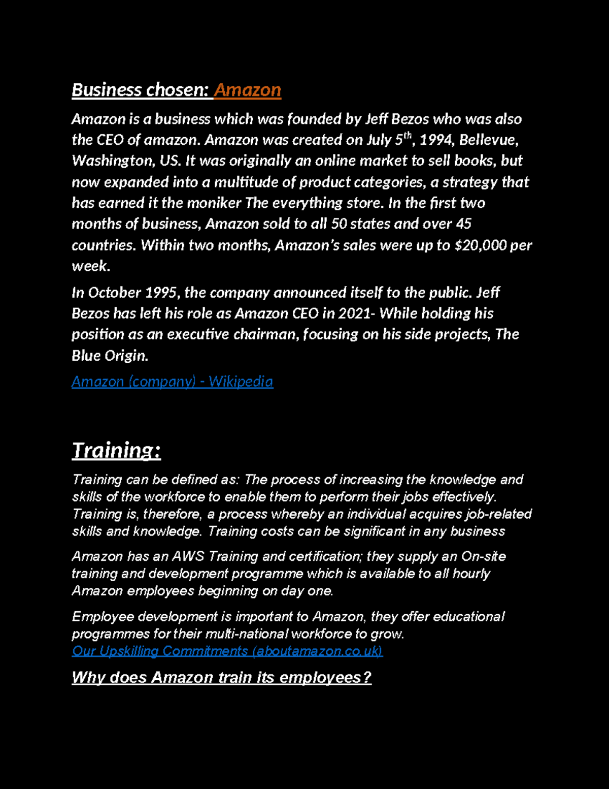 Business Level 3 Coursework -updated version - Business chosen: Amazon ...