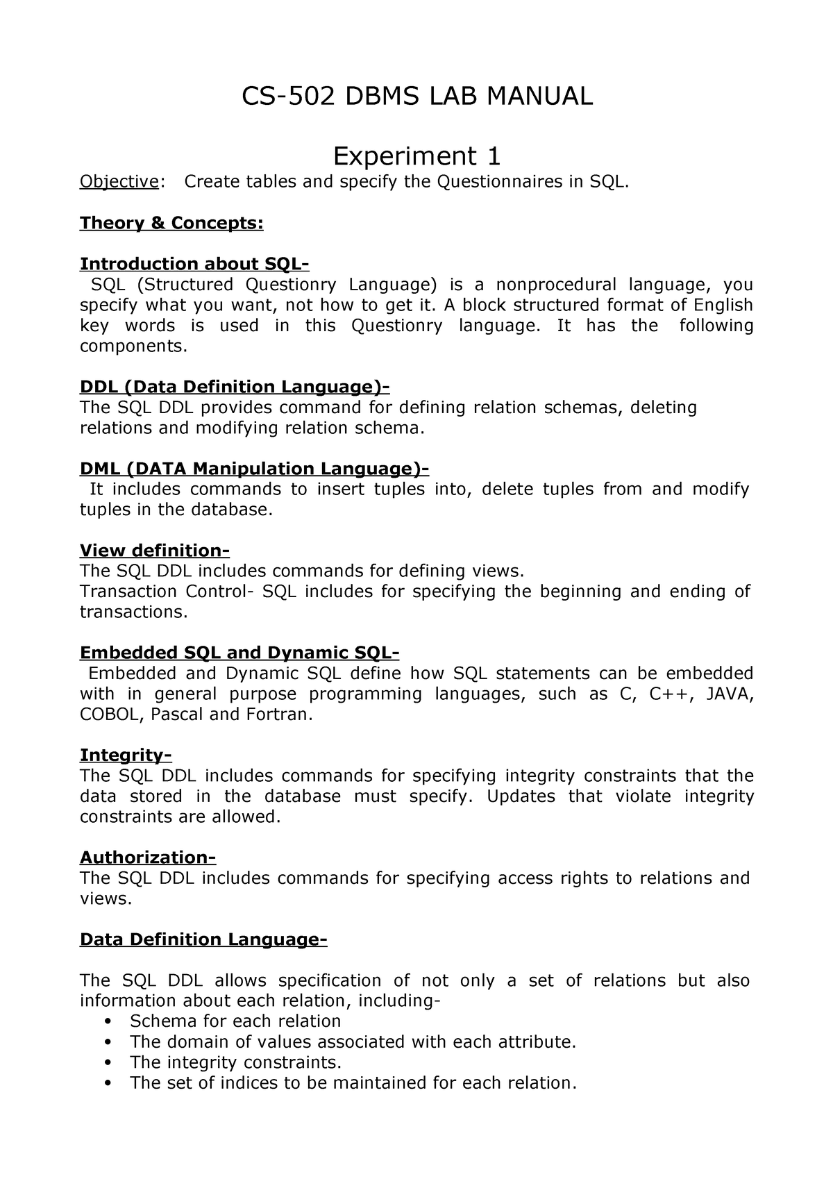 DBMS LAB Manual CS502 DBMS LAB MANUAL Experiment 1 Objective Create