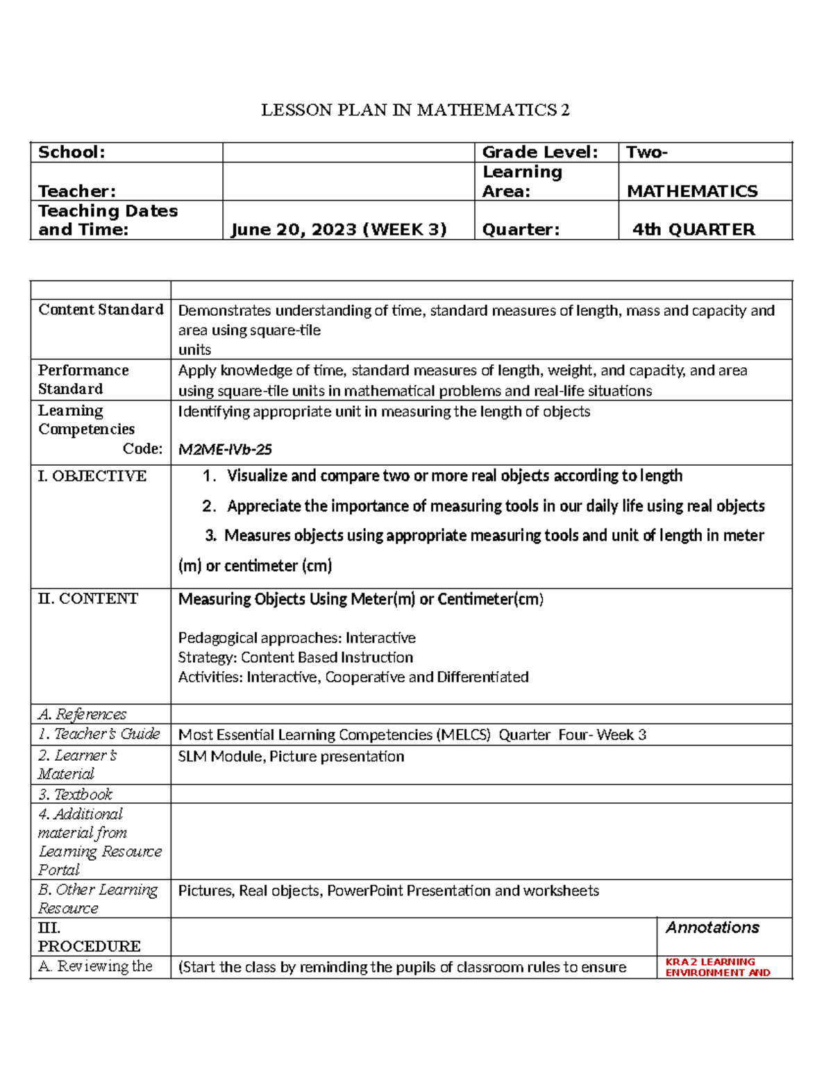 COT2-MATH2 - none - LESSON PLAN IN MATHEMATICS 2 School: Grade Level ...