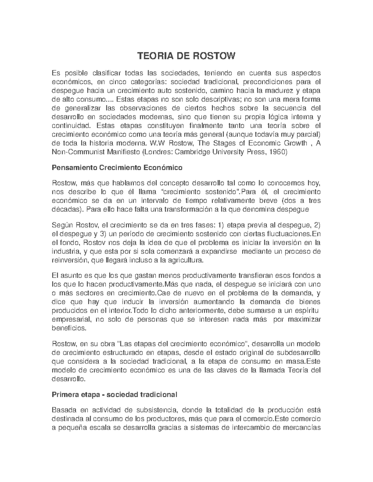 Trabajo Final Teorias del Desarrollo - TEORIA DE ROSTOW Es posible ...