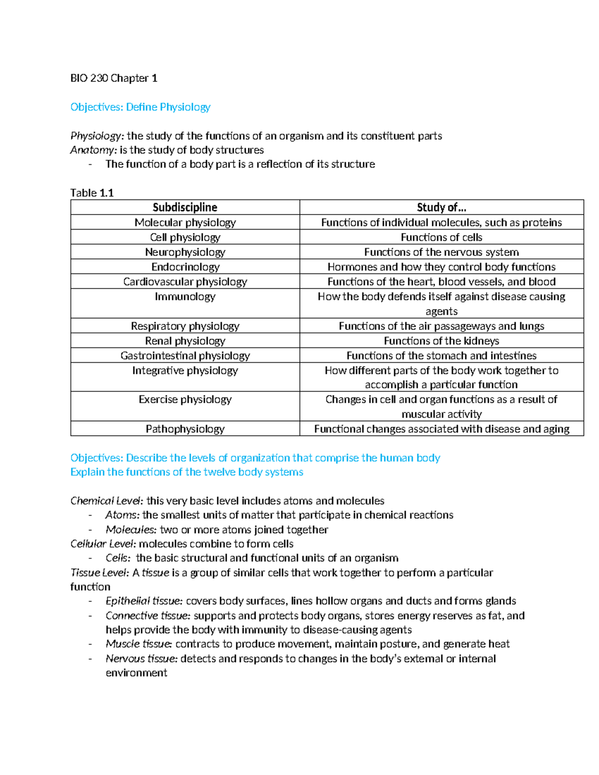 BIO 230 Chapter 1 - BIO 230 Chapter 1 Objectives: Define Physiology ...