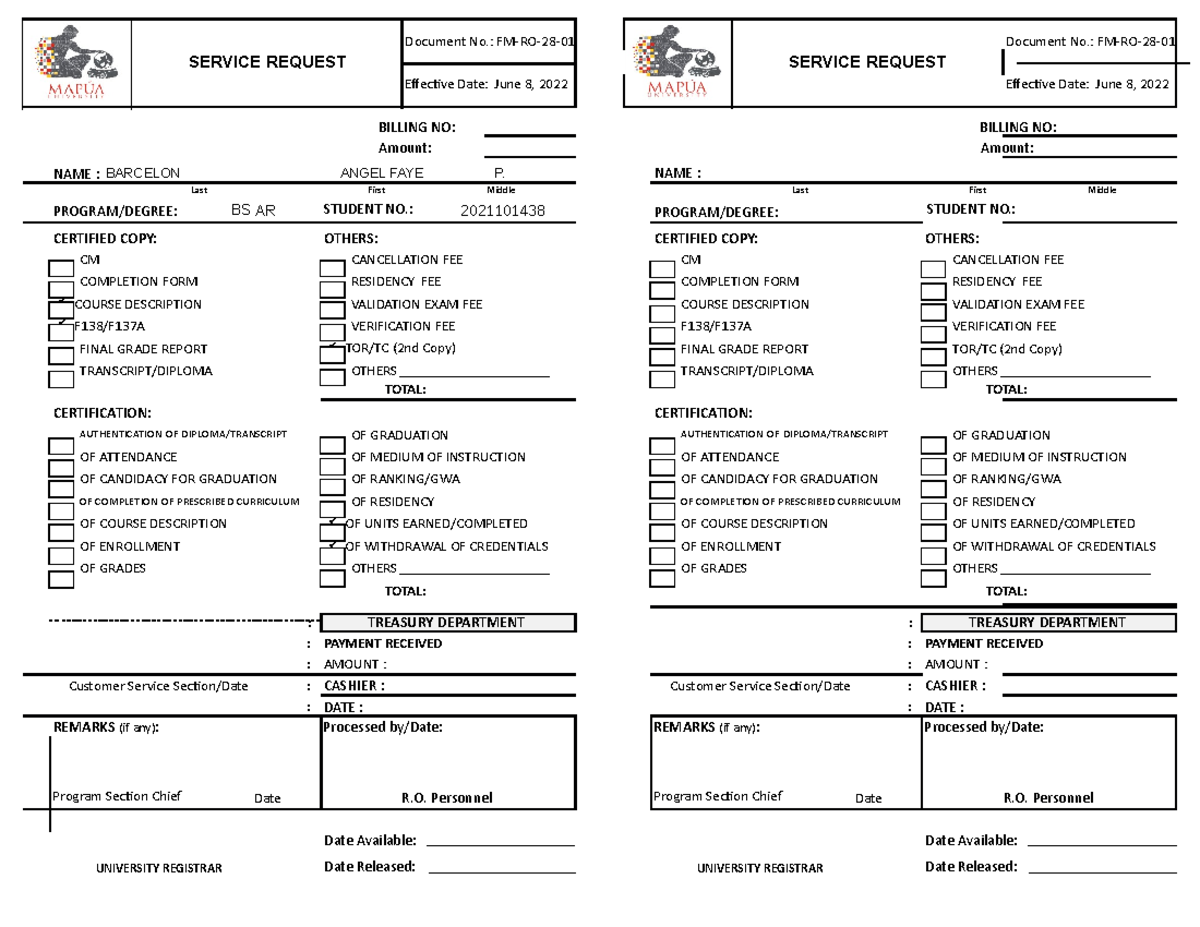 Panaligan Service Request - Document No.: FM-RO-28-01 Document No.: FM ...