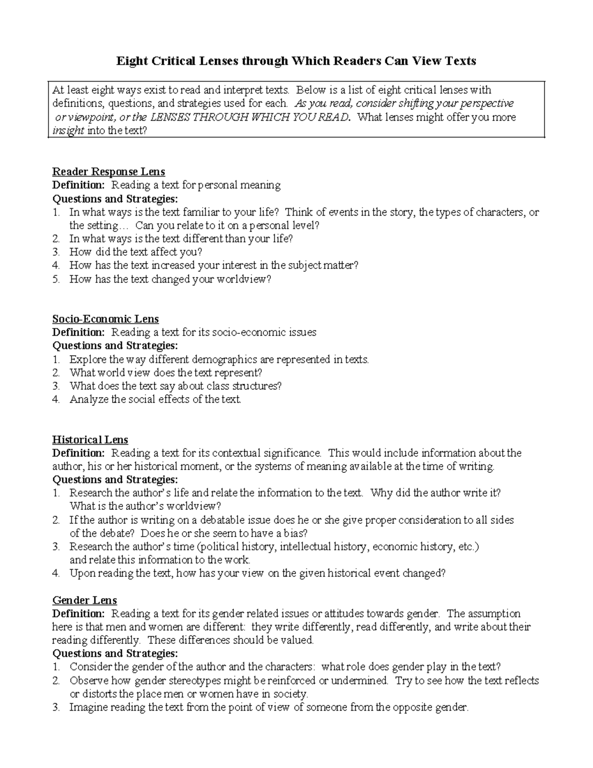 Eight Critical Lenses assignment Eight Critical Lenses through