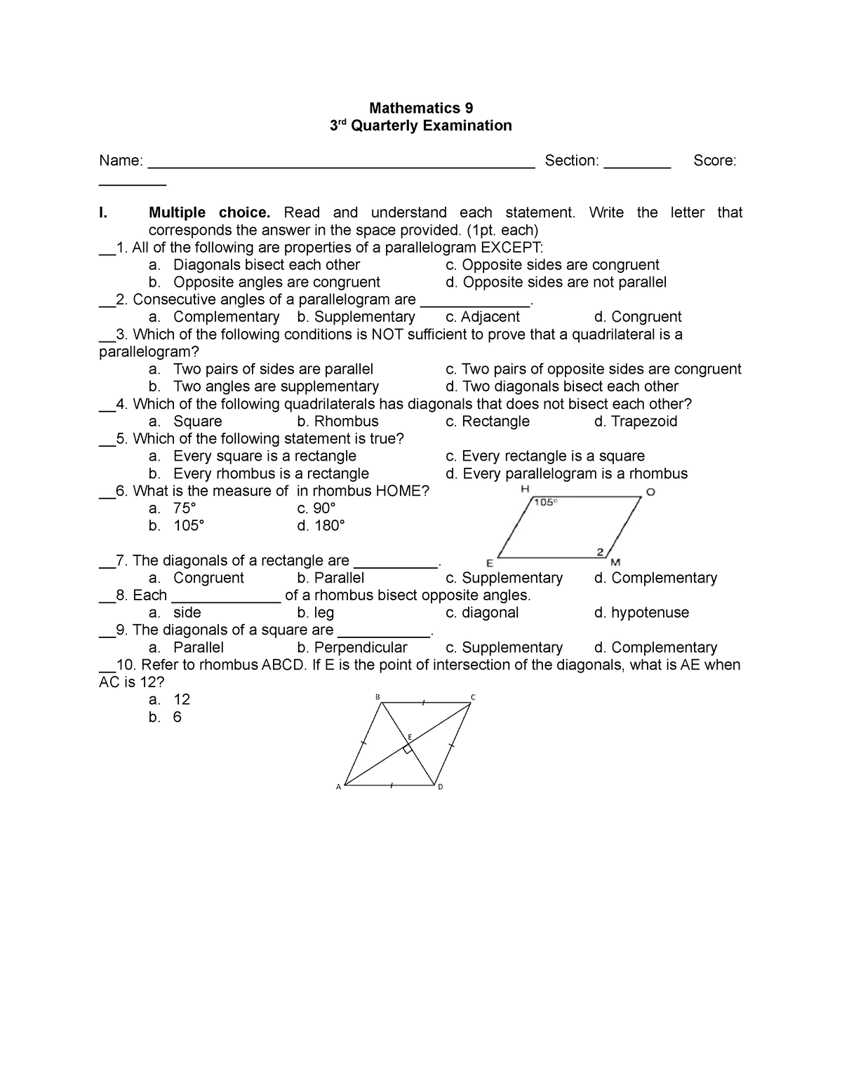 Math 9 3rd Quarter Exam - Mathematics 9 3 Rd Quarterly Examination Name ...