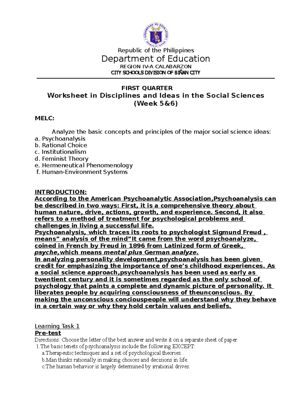 SHS-DISS Worksheet Q3 W-56 - Republic of the Philippines Department of ...